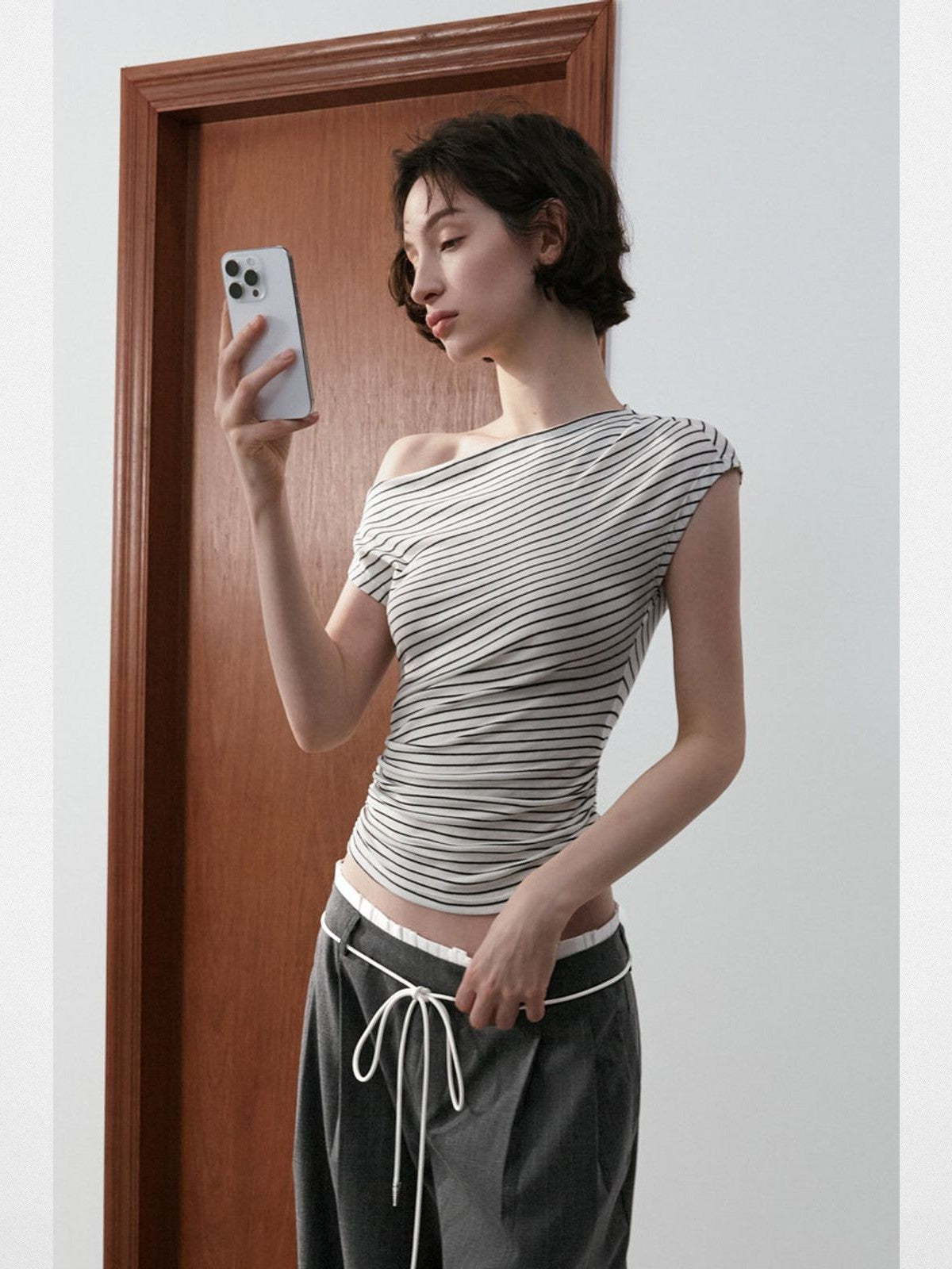 PUKI Asymmetric Ruched Lyocell Top in White - On Model