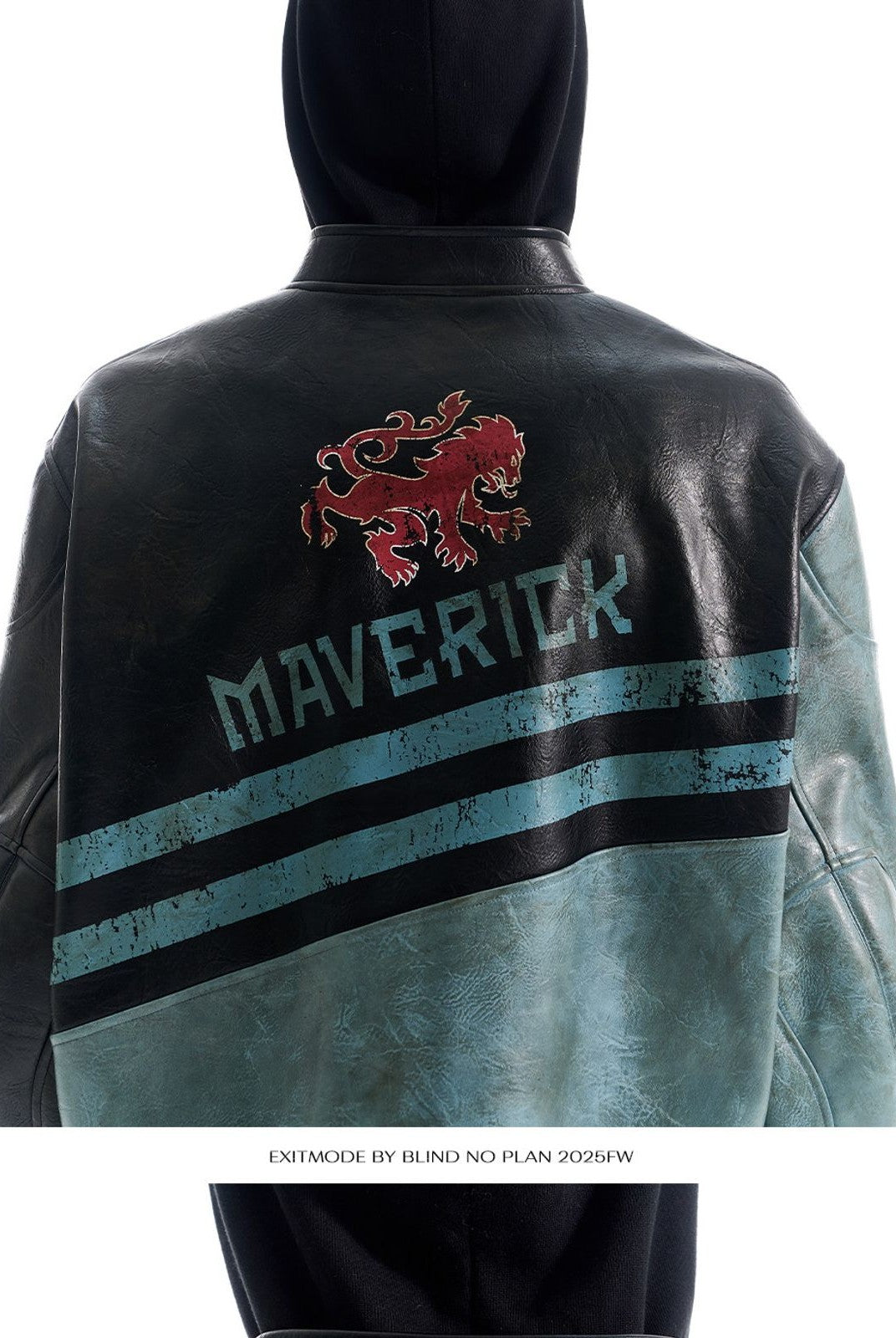 BLINDNOPLAN Distressed Faux Leather Biker Jacket in Black - On Model