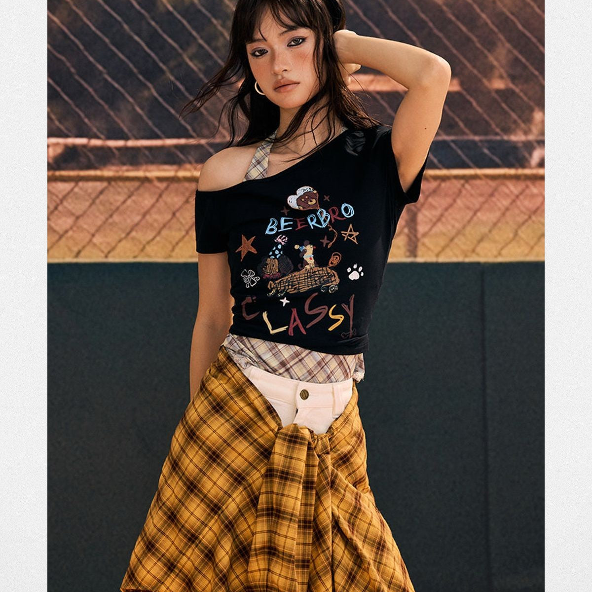 BeerBro Asymmetric Graffiti Puppy Crop Top in Black - On Model