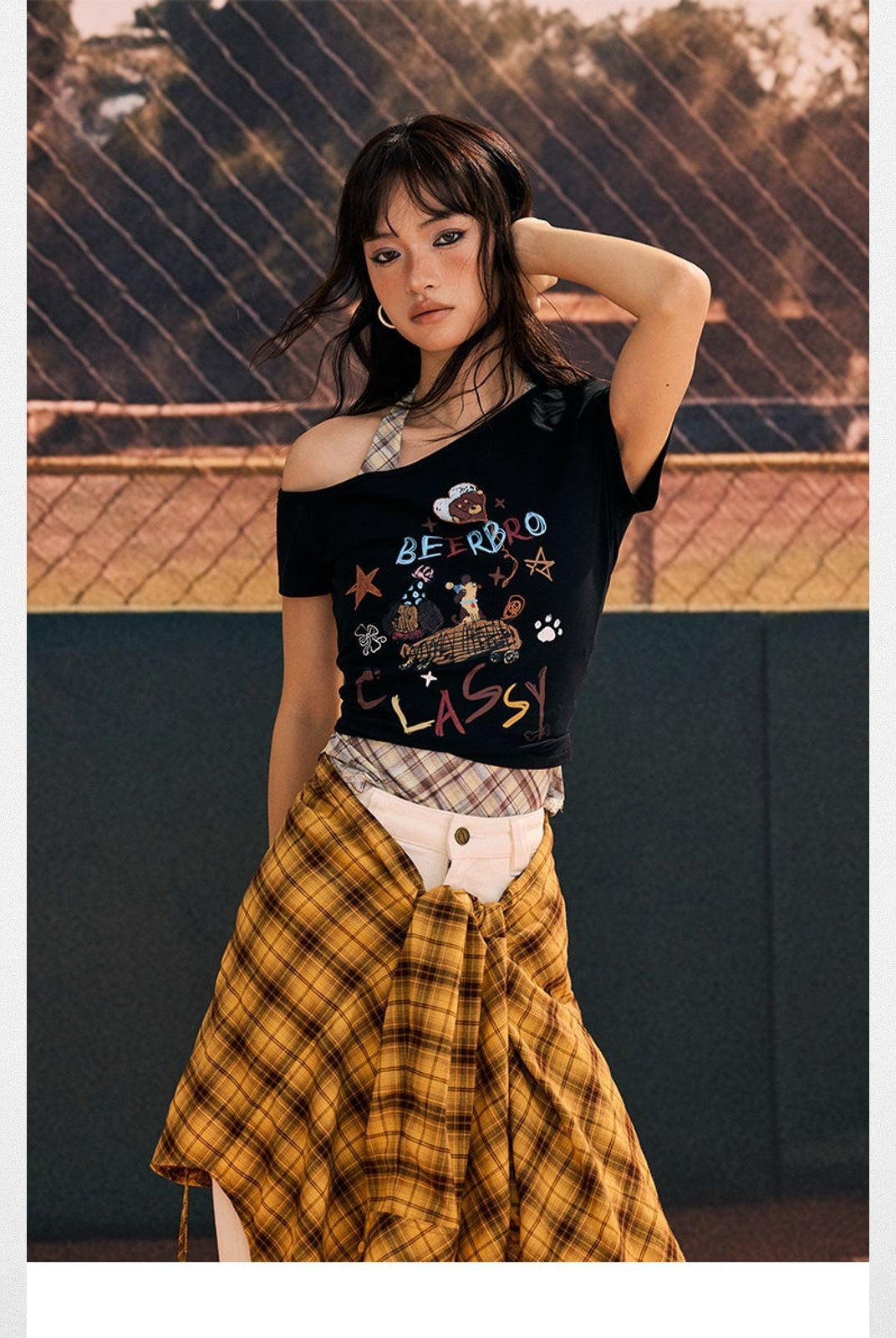 BeerBro Asymmetric Graffiti Puppy Crop Top in Black - On Model