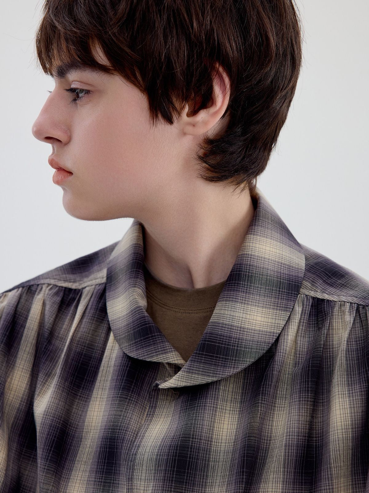 Simple Project Ruched Plaid Shawl Collar Shirt in Off-White - On Female Model