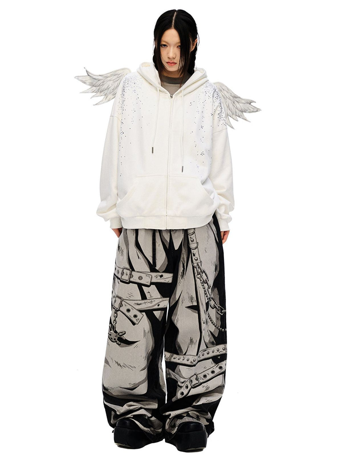 CFIERCE Rhinestone Angel Wing Zip Hoodie in White - On Female Model