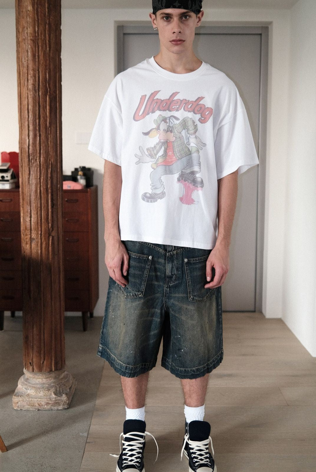 UNKNOWNWORLD Mud Dye Reverse Pocket Shorts in Yellow - On Model