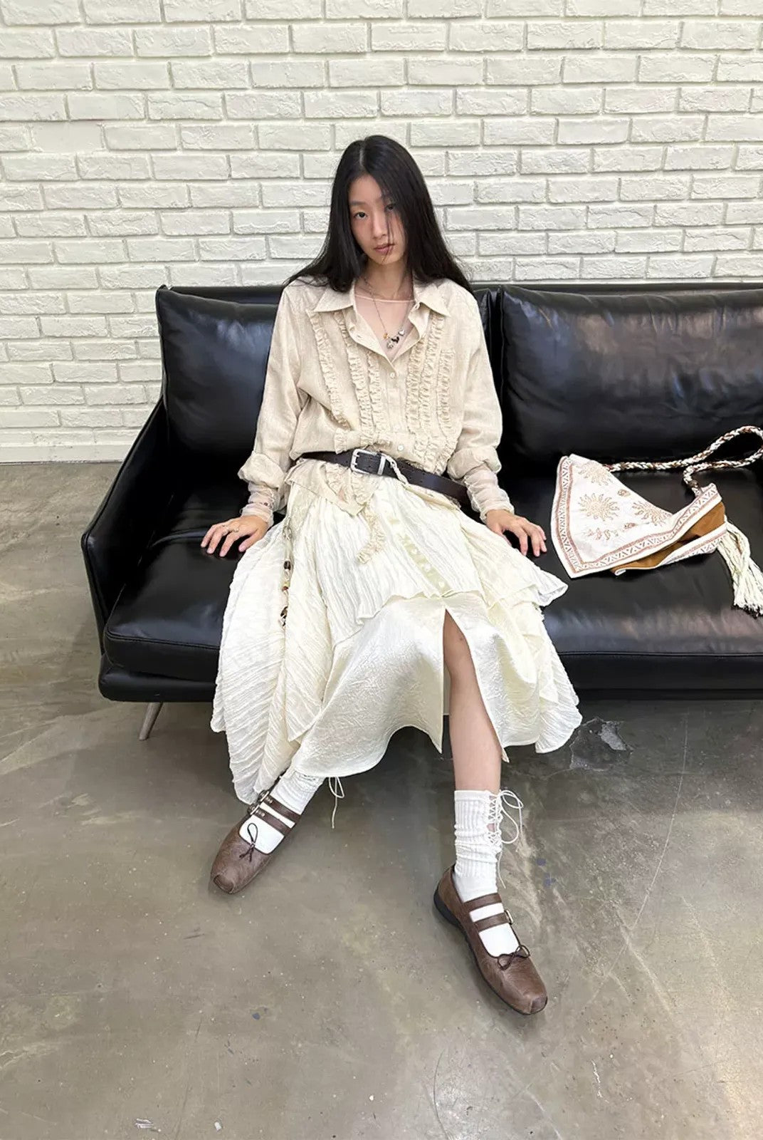 NeverSeez Lyocell Linen Fringe Shirt in Gray - On Model