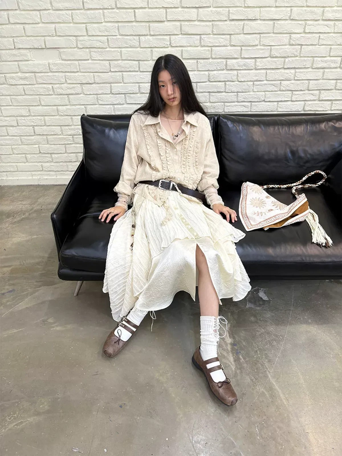 NeverSeez Lyocell Linen Fringe Shirt in Gray - On Female Model