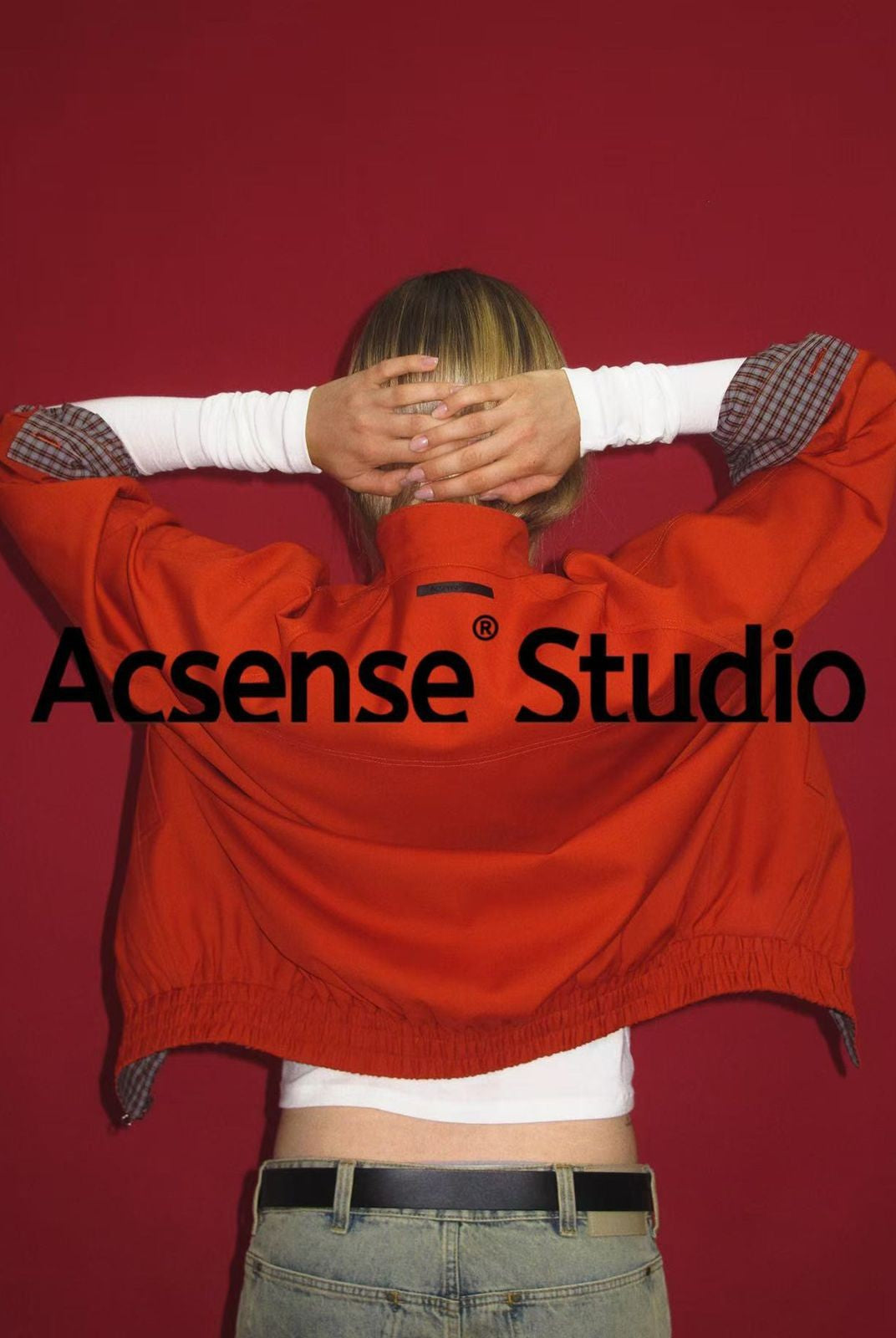 ACSENSE STUDIO Reversible Stand Collar Jacket in Orange - On Model