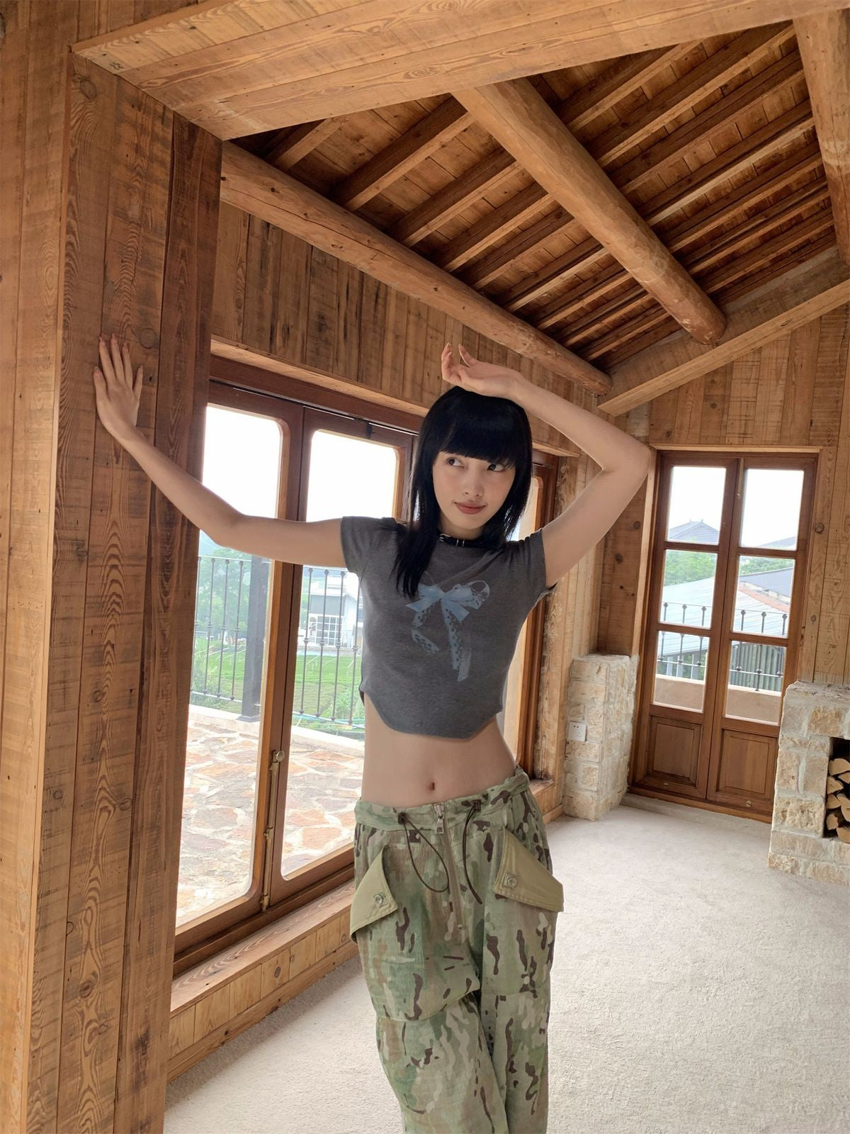 NeverSeez Lace Bow Graphic Baby Tee in Gray - On Model