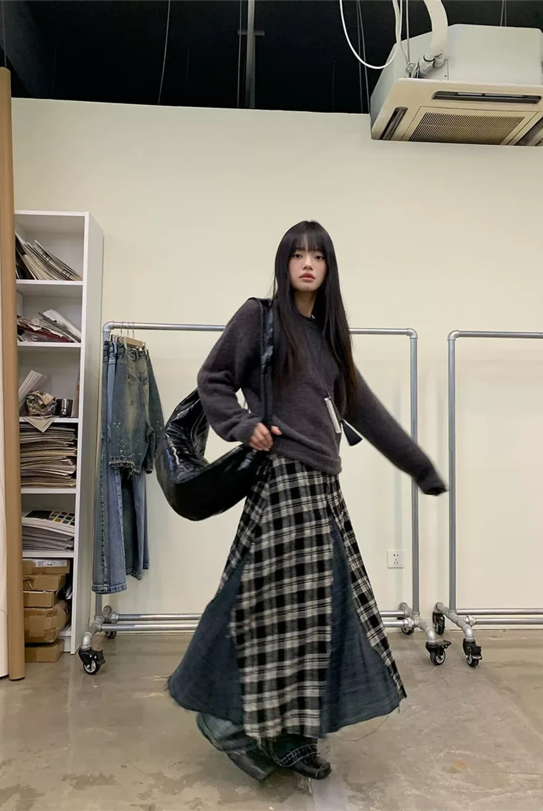 NeverSeez Spliced Plaid Linen Maxi Skirt in Black - On Model