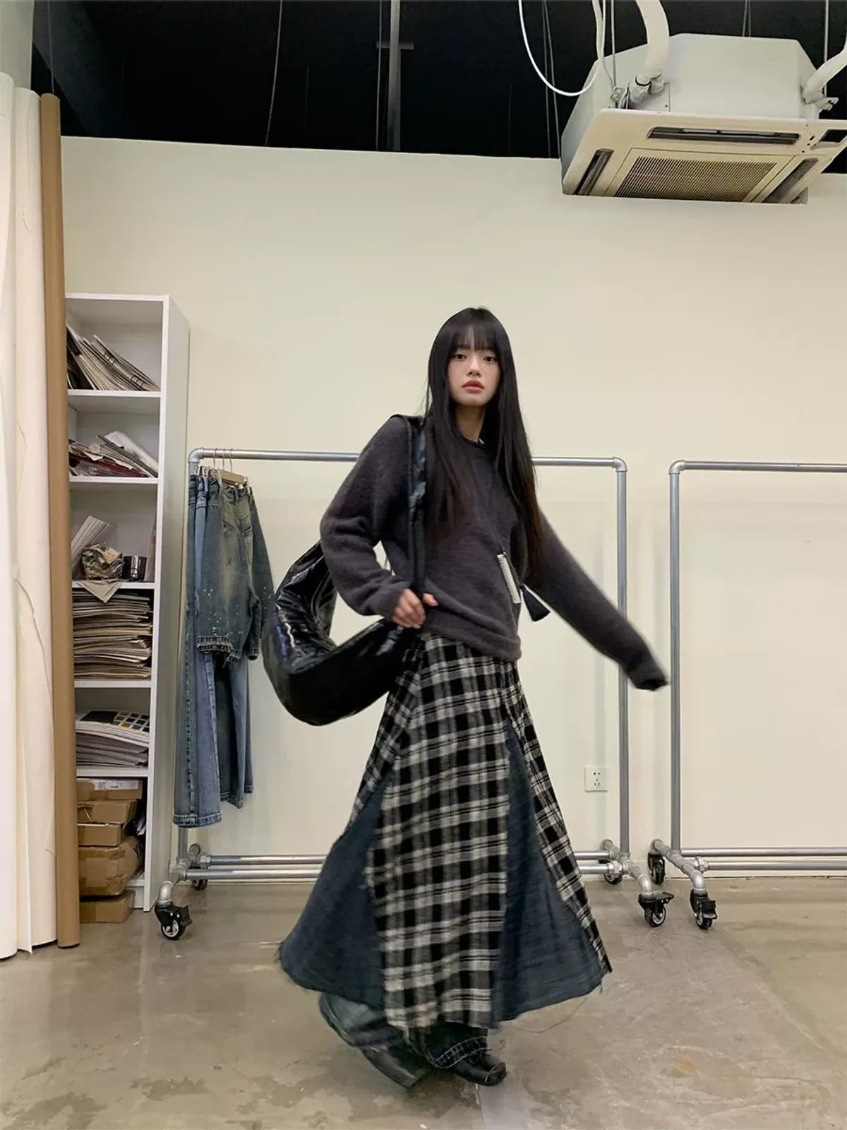 NeverSeez Spliced Plaid Linen Maxi Skirt in Black - On Model