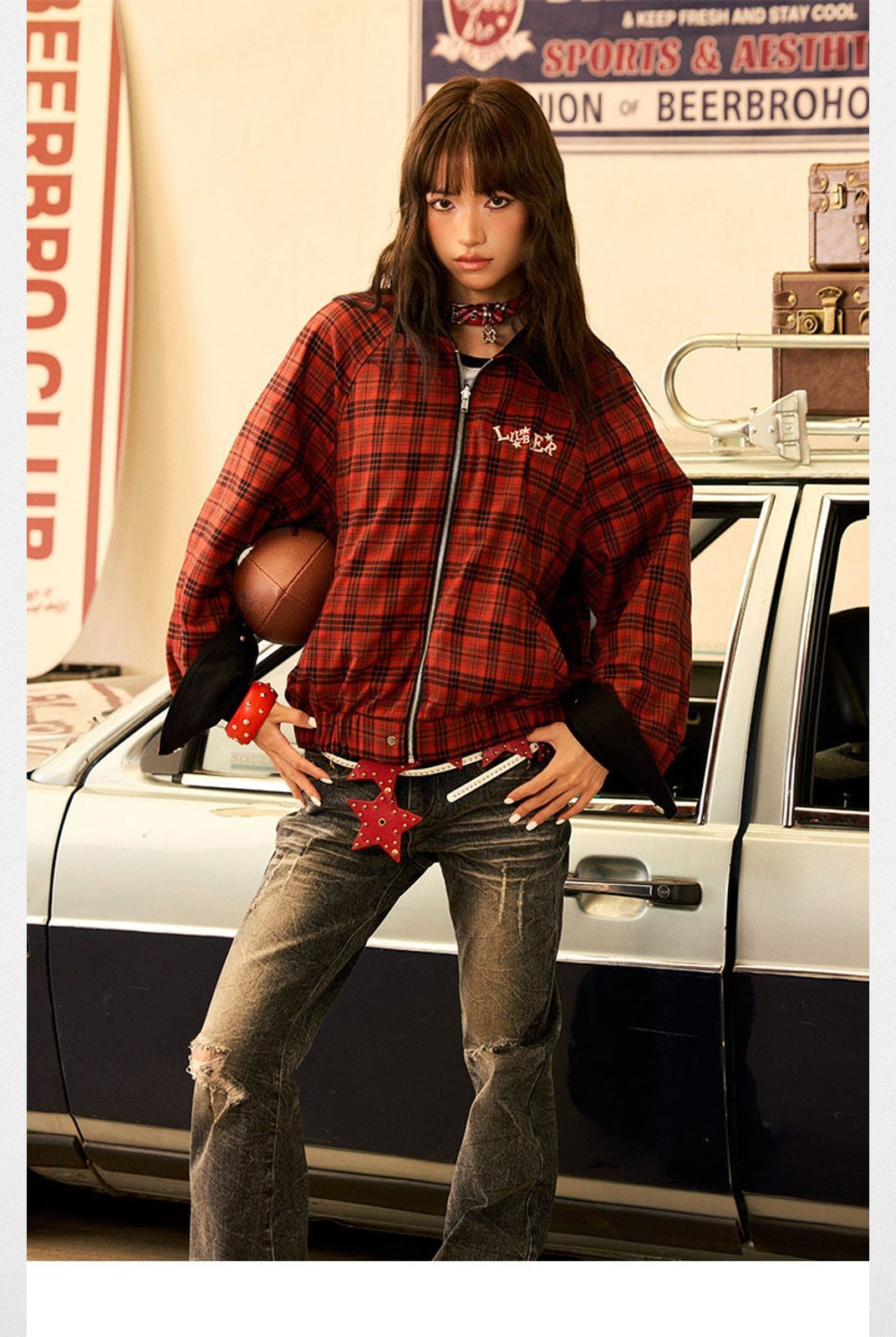 BeerBro Reversible Plaid Twill Jacket in Black - On Model