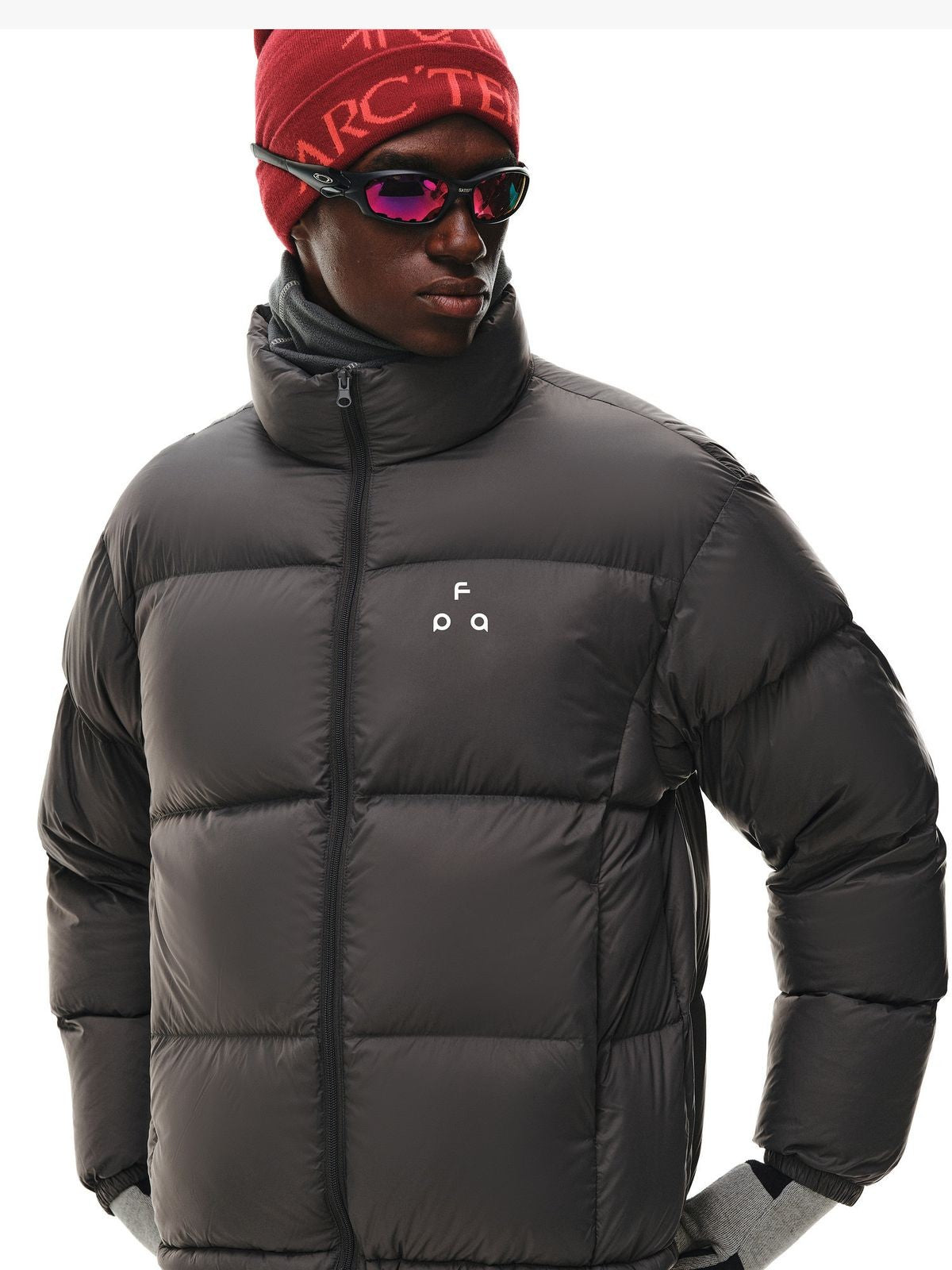 FPA Logo Print Down Puffer Jacket in Black - On Male Model