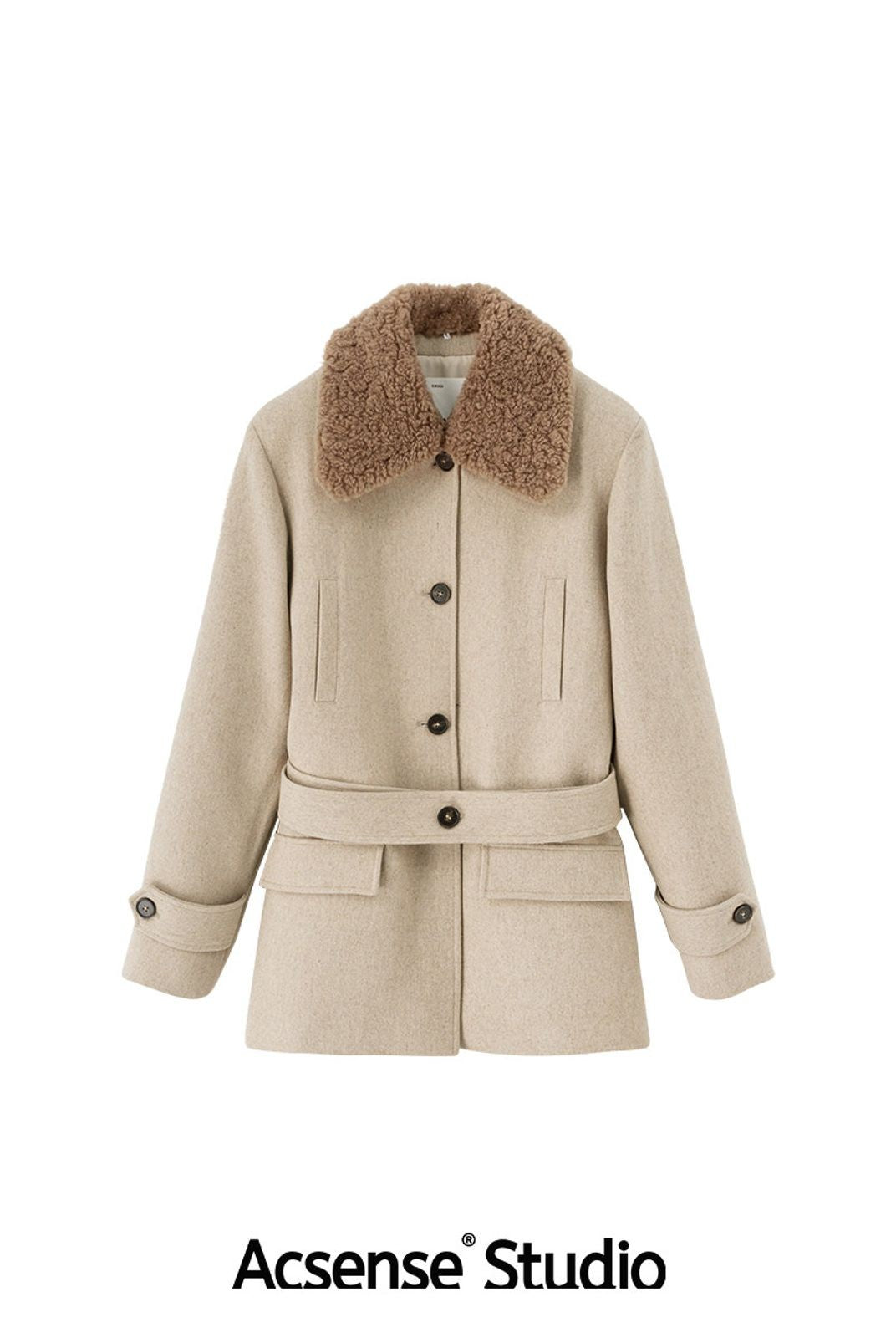 ACSENSE STUDIO Faux Fur Collar Wool Blend Coat in Beige