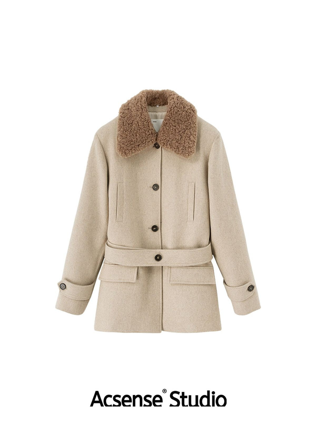ACSENSE STUDIO Faux Fur Collar Wool Blend Coat in Beige