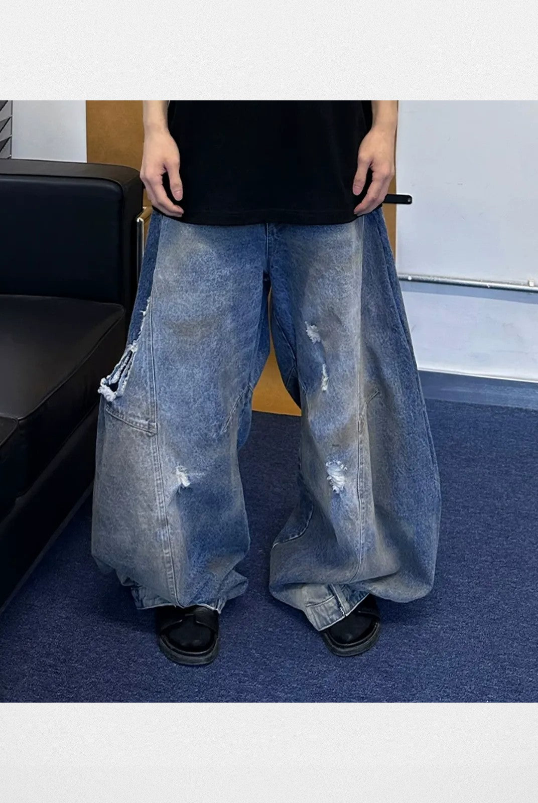 TRIANGLE PROJECT Distressed Dirty Dye Patchwork Jeans in Denim - On Model