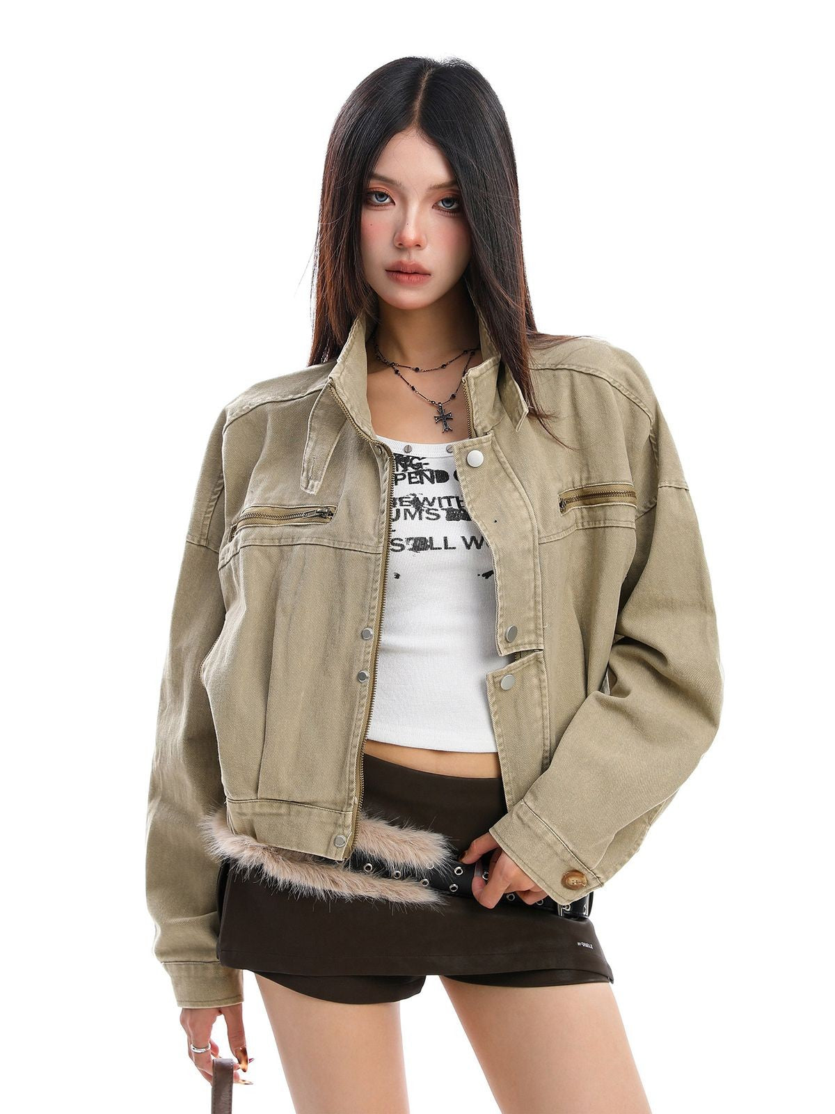 BIGGOLD STUDIO Washed Denim Biker Jacket in Beige - On Model #color_beige