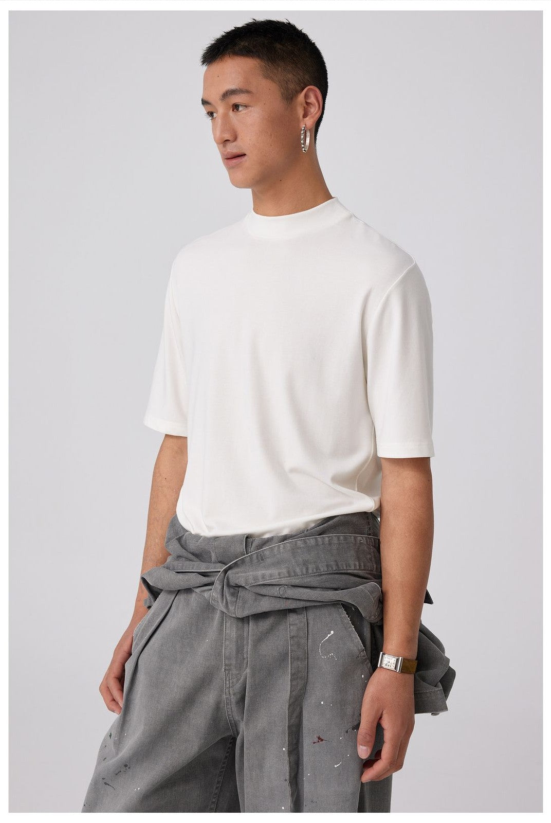 Simple Project Merino Wool Mock Neck T Shirt in White - On Male Model