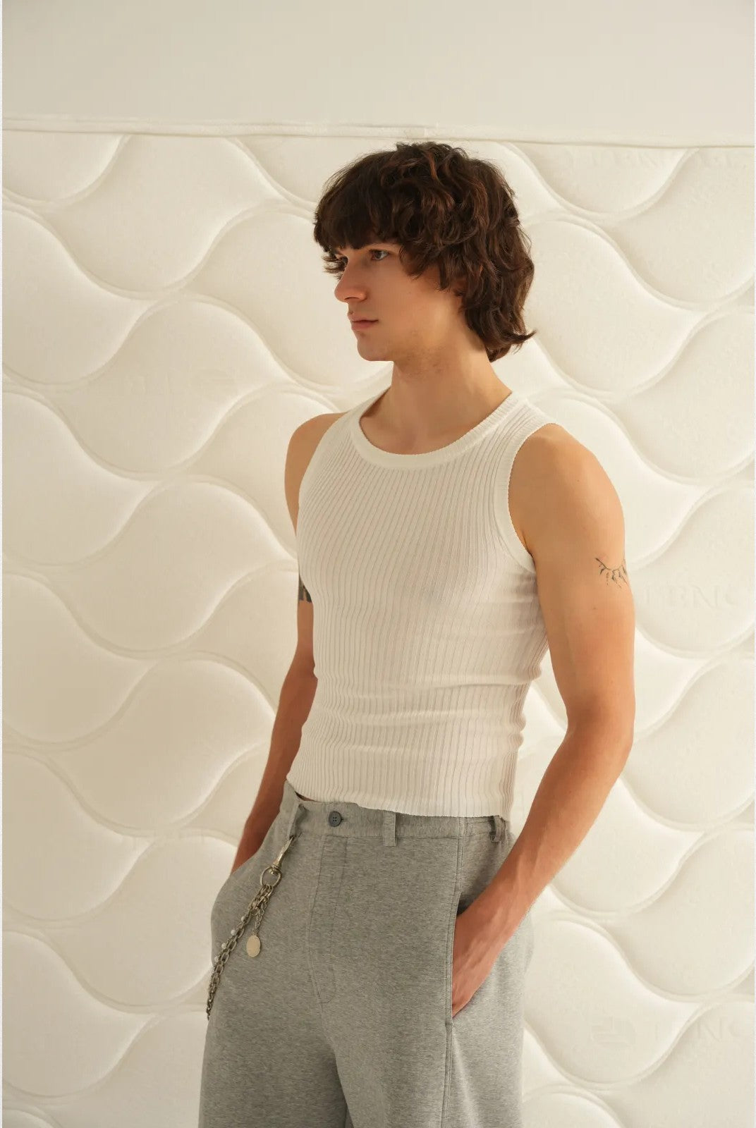 Retro 21 Ribbed Knit Viscose Tank Top in White - On Model