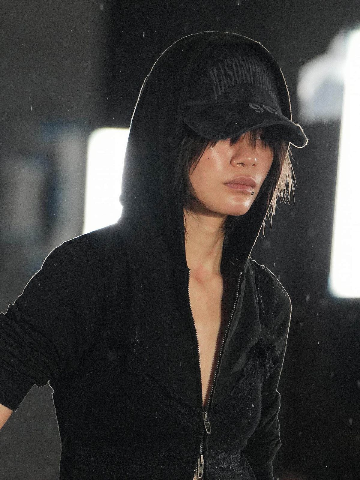 MasonPrince Distressed Metal Accent Baseball Cap in Black - On Female Model