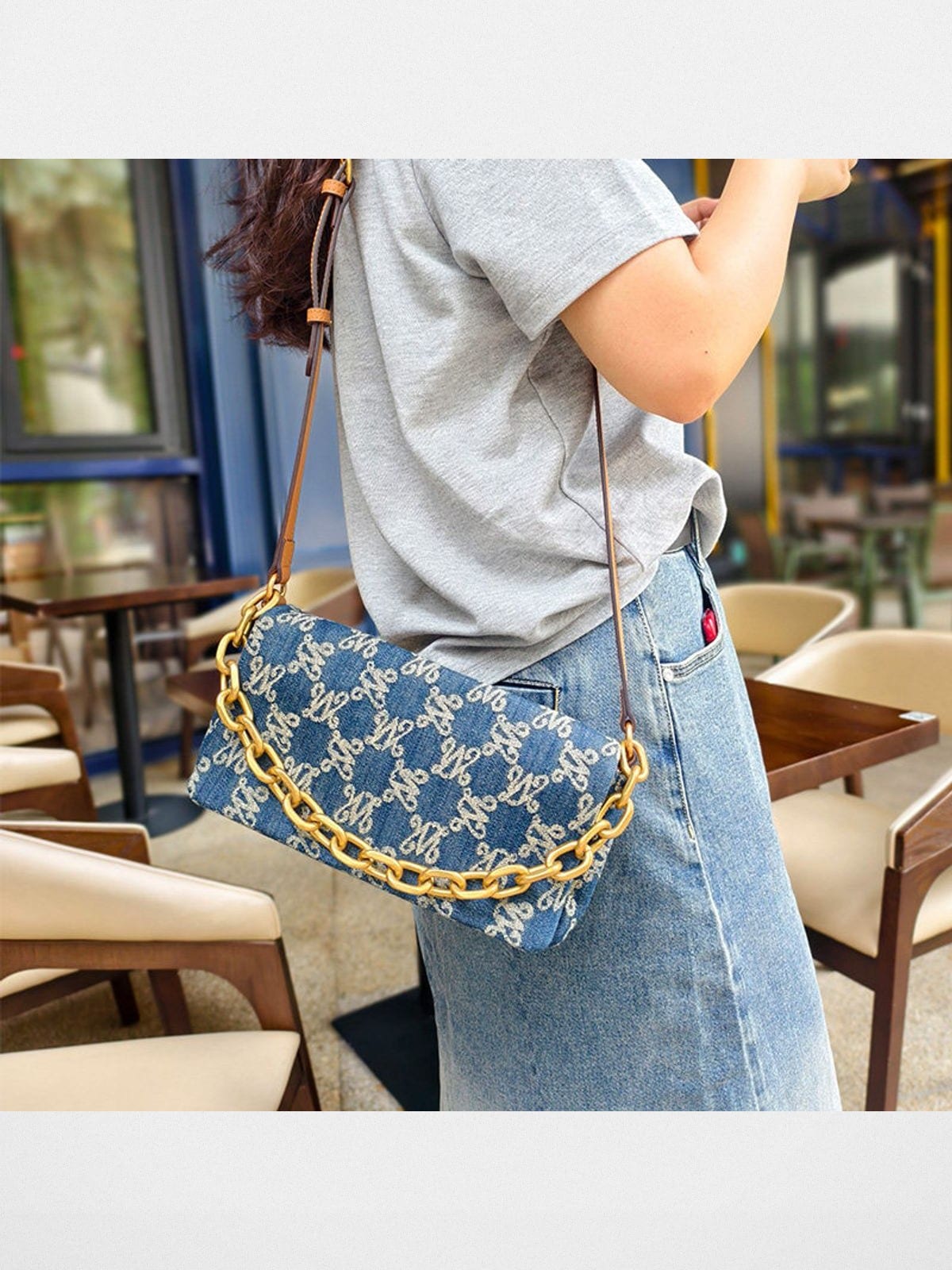 WANLIMA Monogram Denim Chain Crossbody Bag in Denim - On Female Model