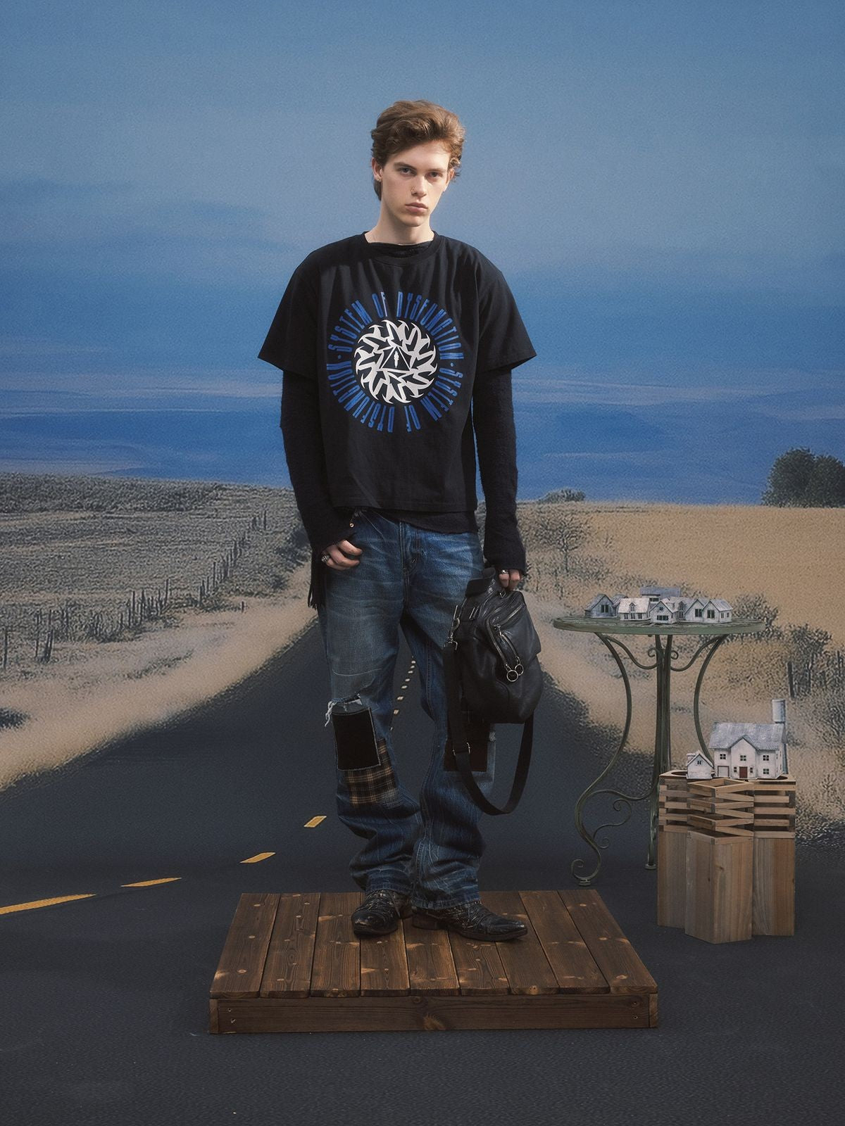 SOD Graphic Print Cotton Boxy T Shirt in Black - On Model