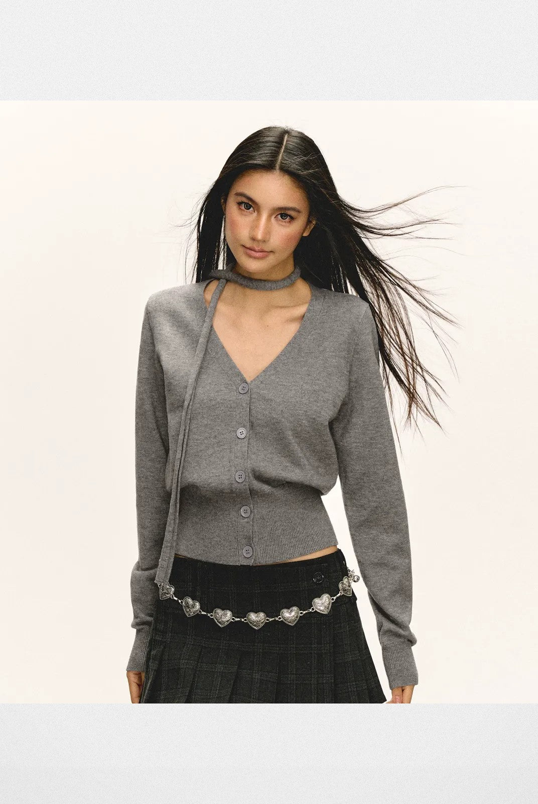 ARISEISM Cropped V Neck Cardigan Neck Tie in Gray - On Model