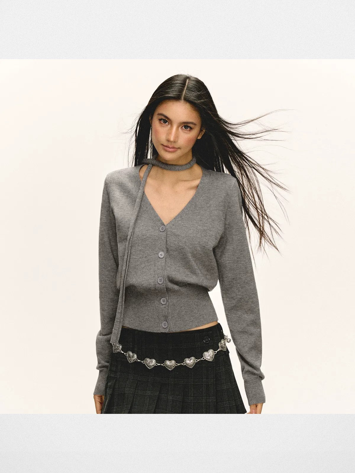ARISEISM Cropped V Neck Cardigan Neck Tie in Gray - On Model