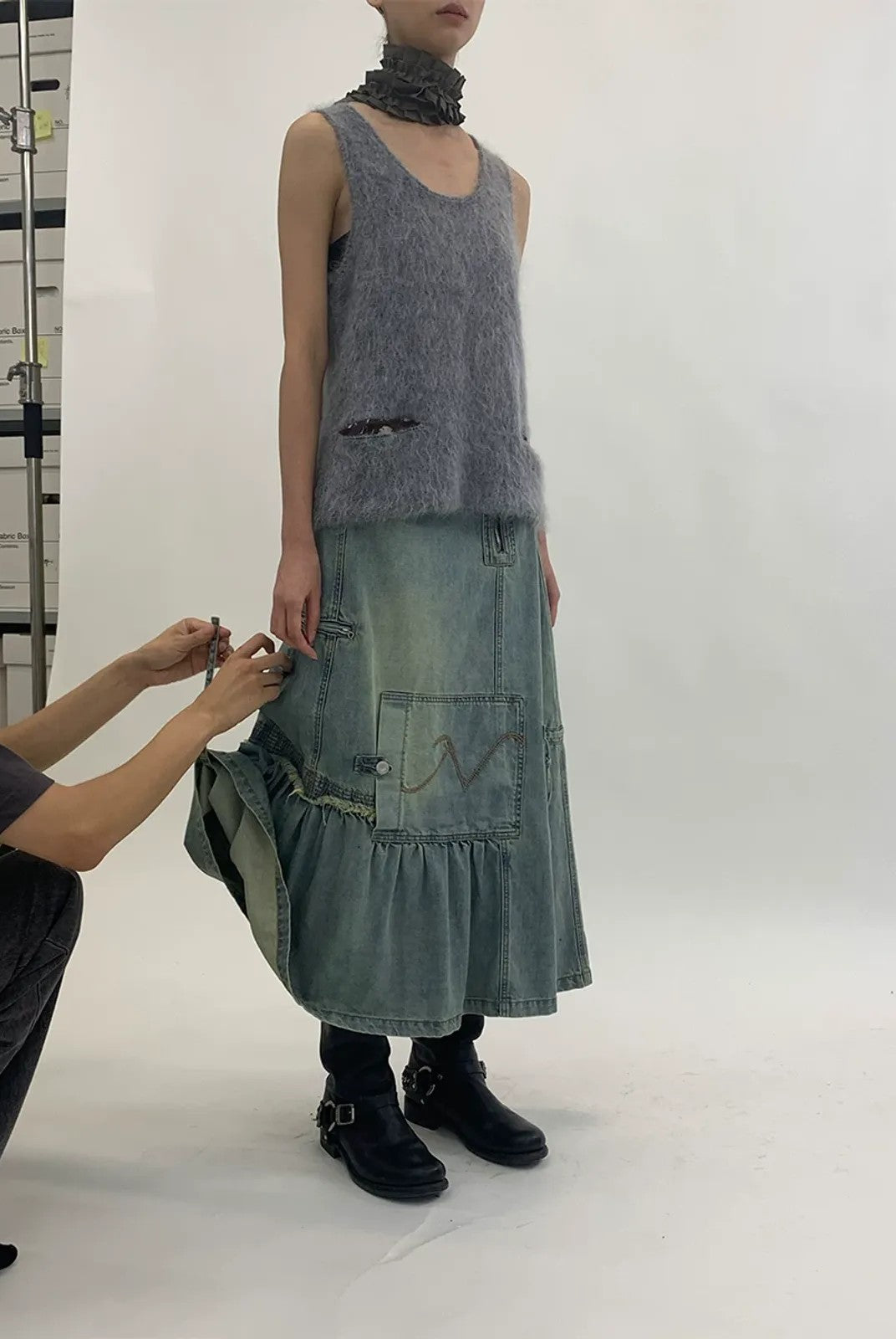 NeverSeez Asymmetric Vintage Wash Denim Skirt in Blue - On Model