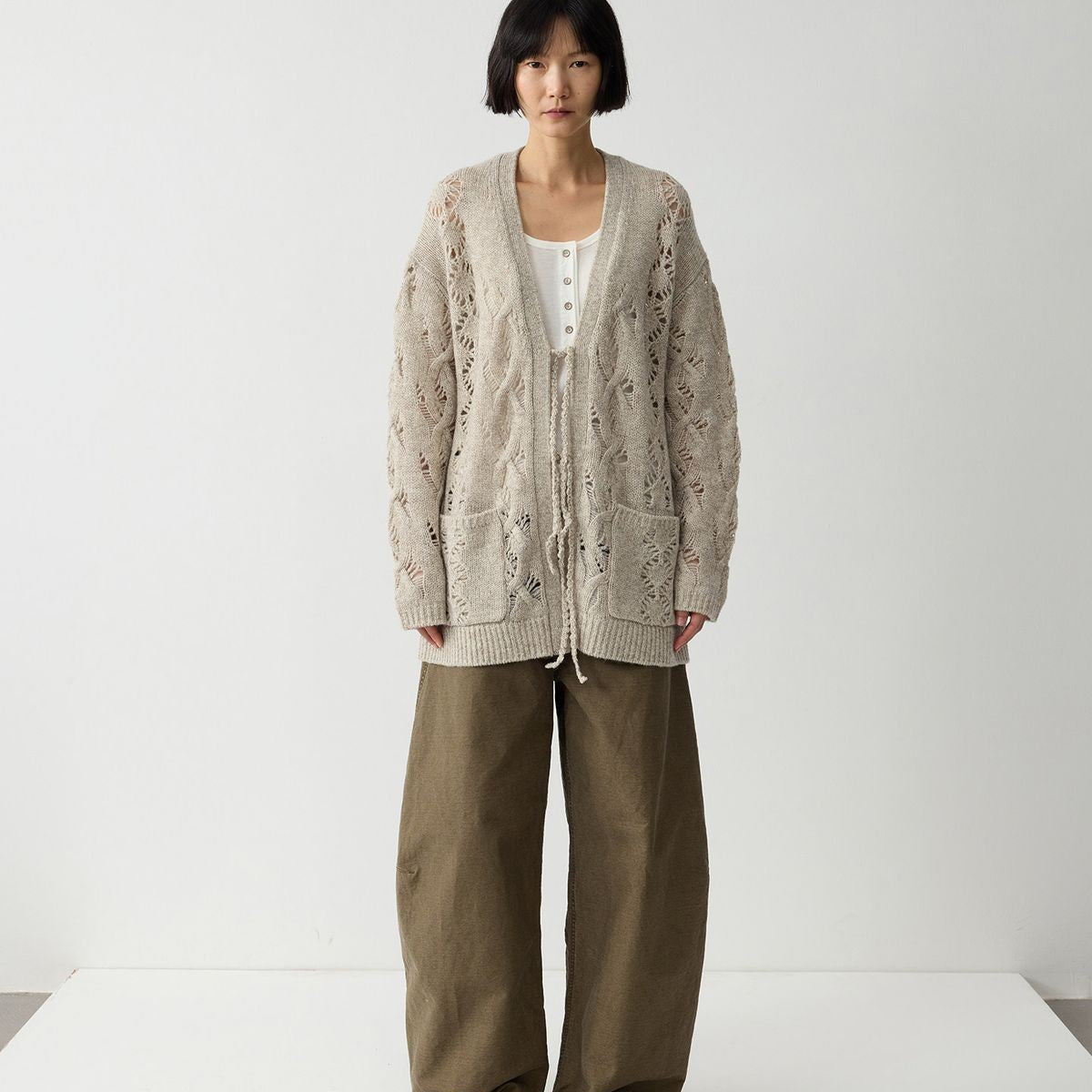 RandomPiece 100 Wool Openwork Tie Front Cardigan in Beige - On Model