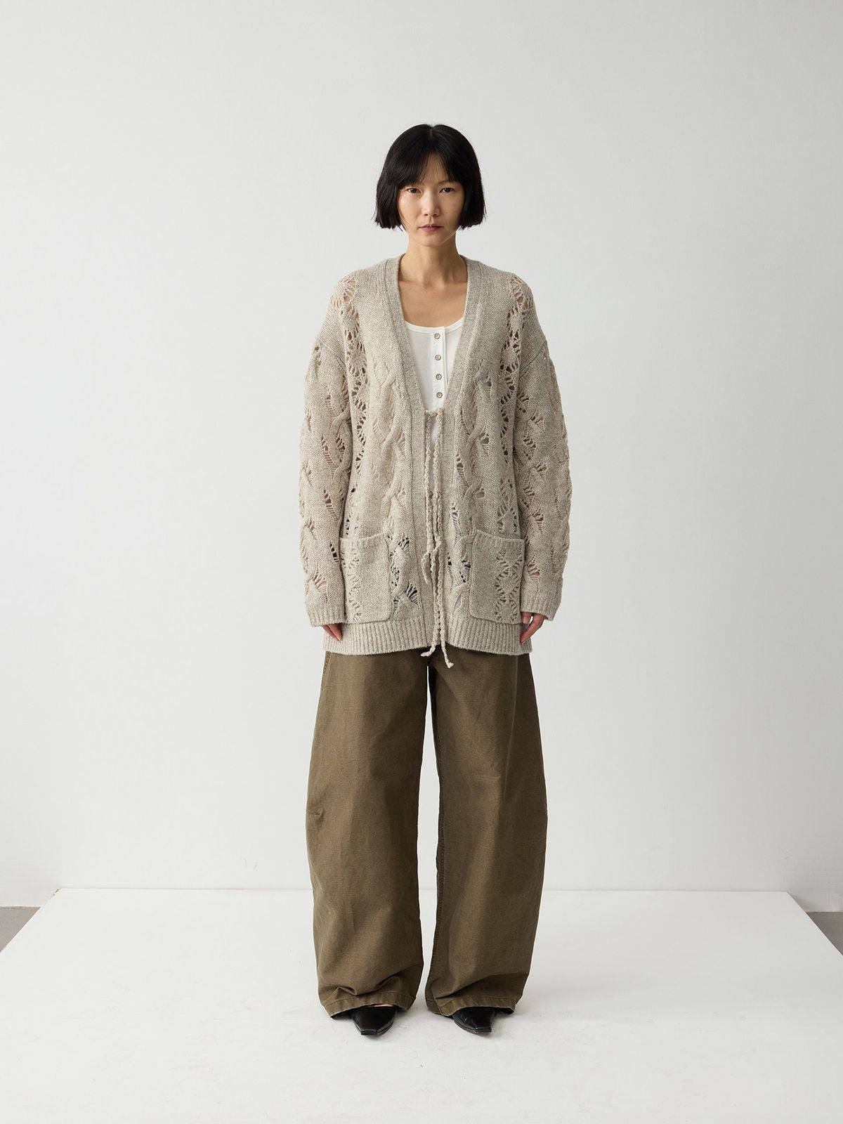 RandomPiece 100 Wool Openwork Tie Front Cardigan in Beige - On Model