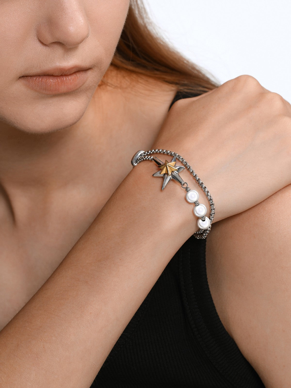 BLACKHEAD Two Tone Star Pearl Bracelet in Gold