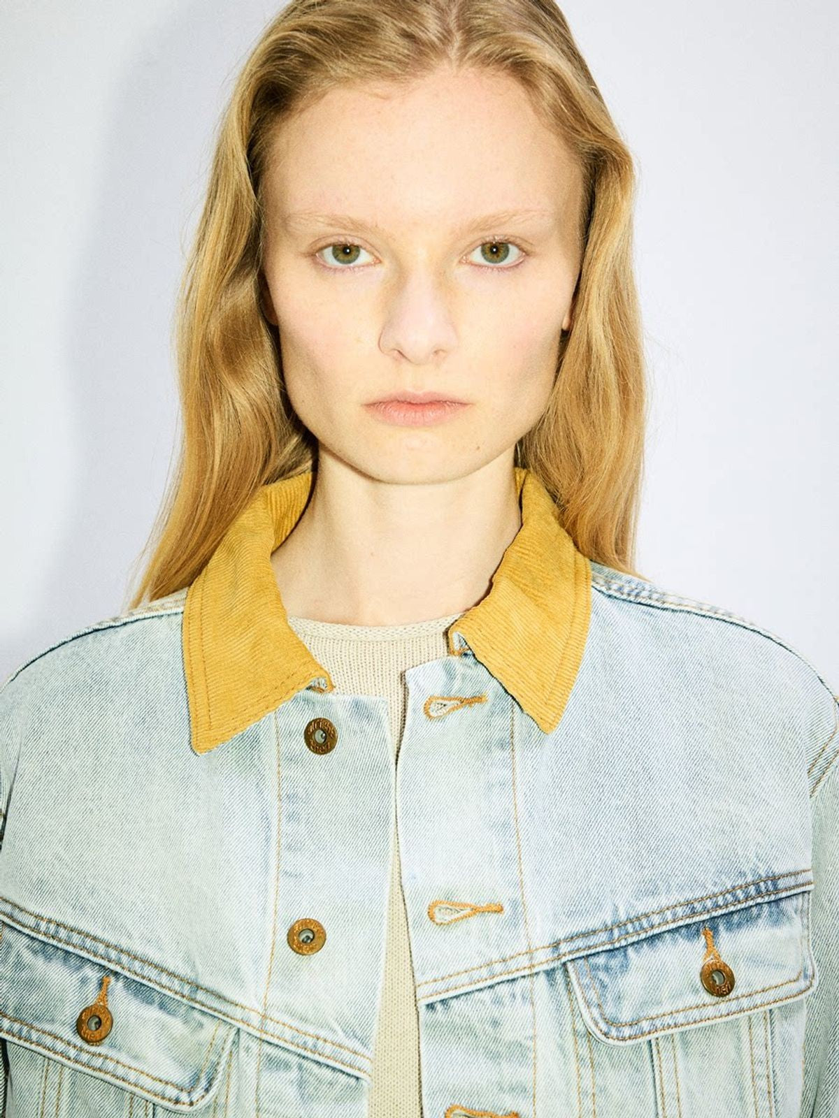 alright then Corduroy Collar Denim Jacket in Blue - On Model