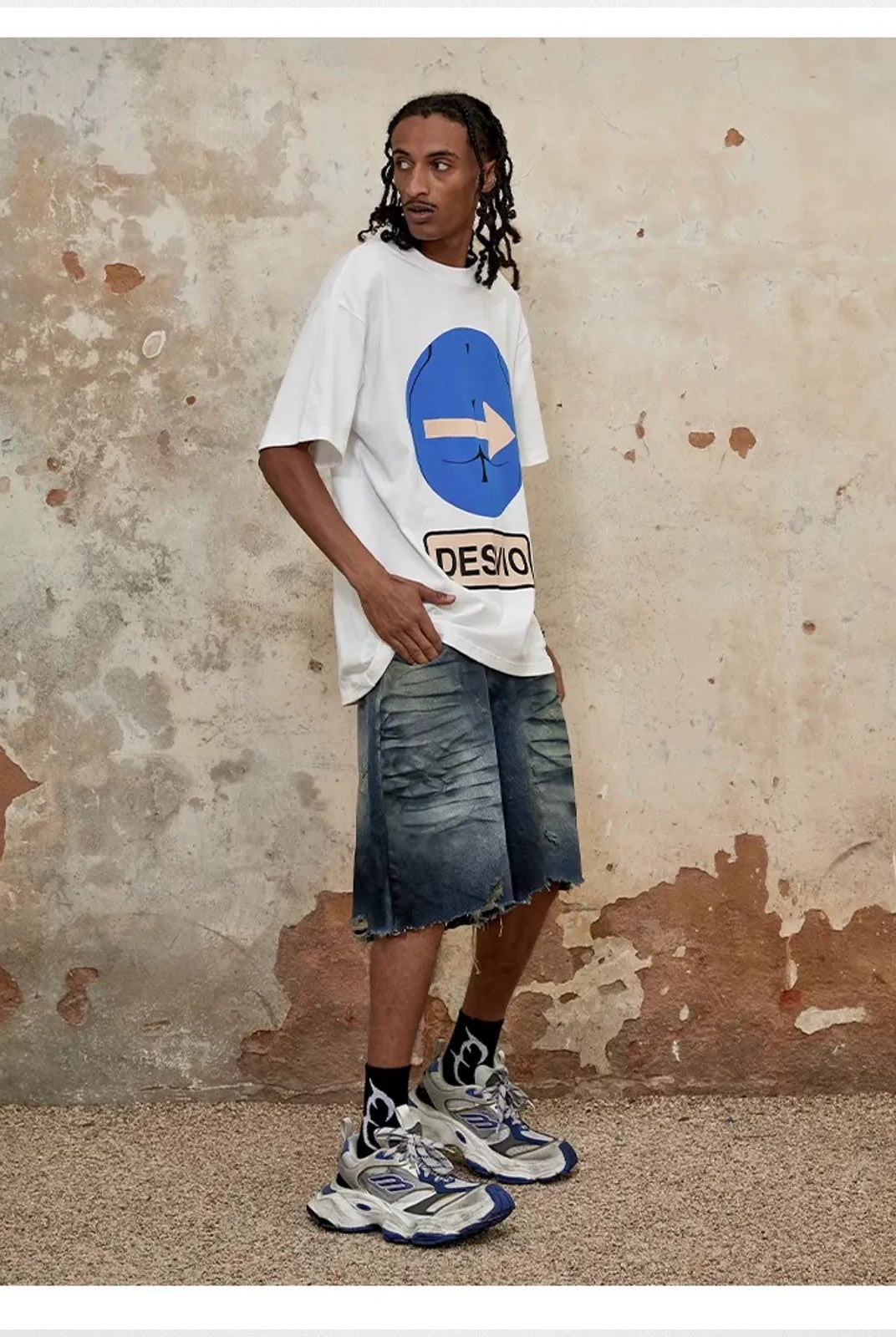 TRIANGLE PROJECT Deconstructed Distressed Denim Shorts in Blue - On Model