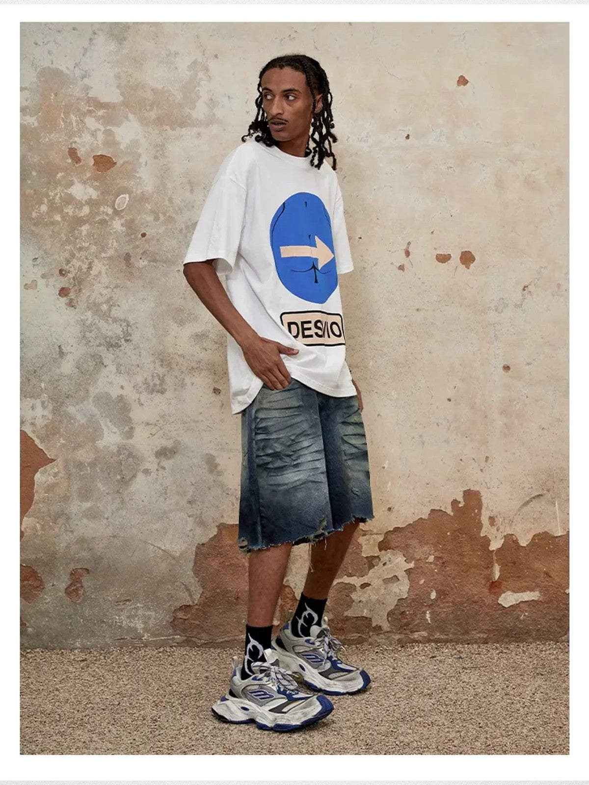 TRIANGLE PROJECT Deconstructed Distressed Denim Shorts in Blue - On Model