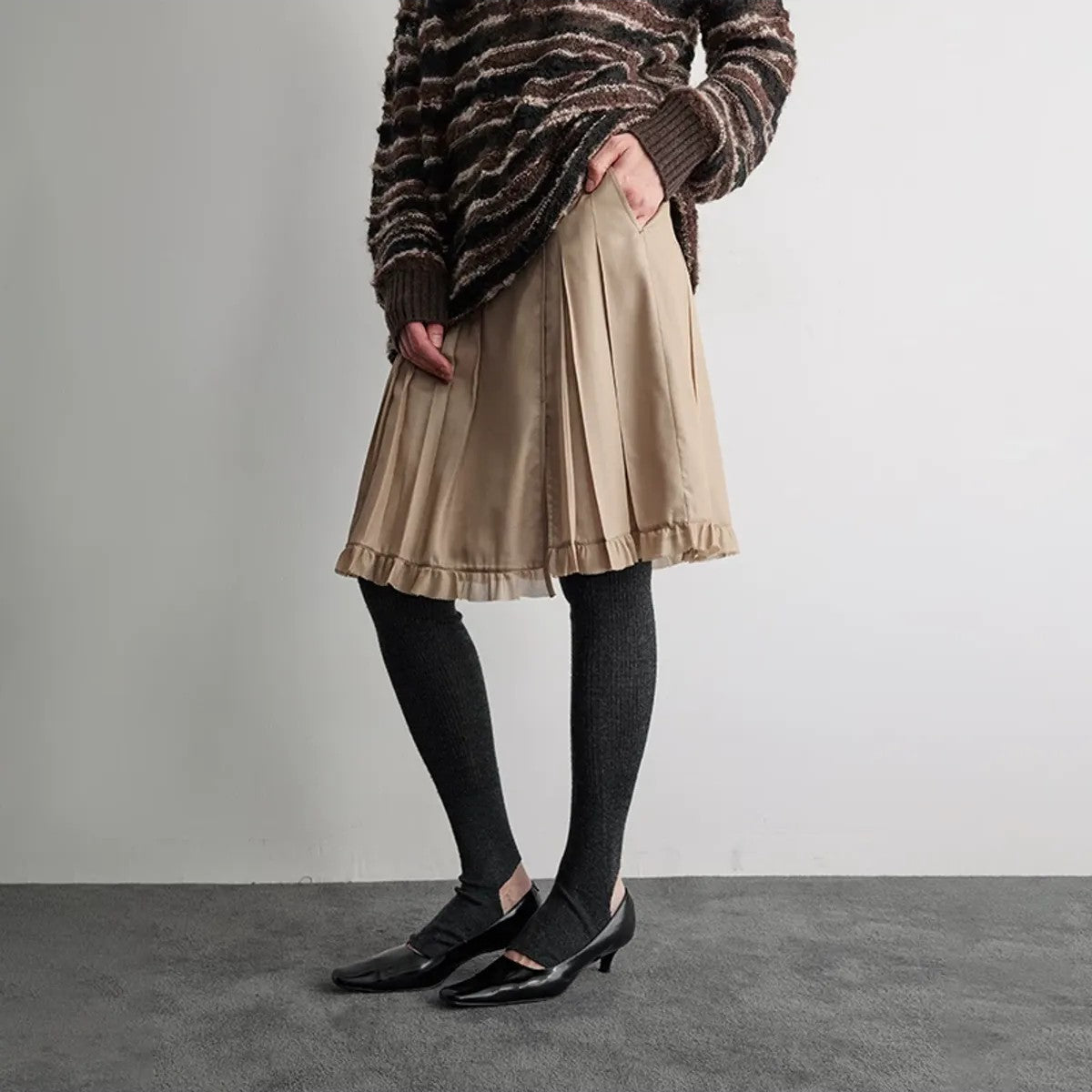 RandomPiece Irregular Pleated Ruffle Skirt in Beige