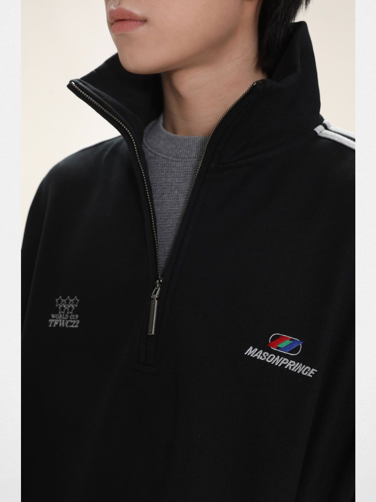 MasonPrince Striped Half Zip Sweatshirt in Black - On Male Model