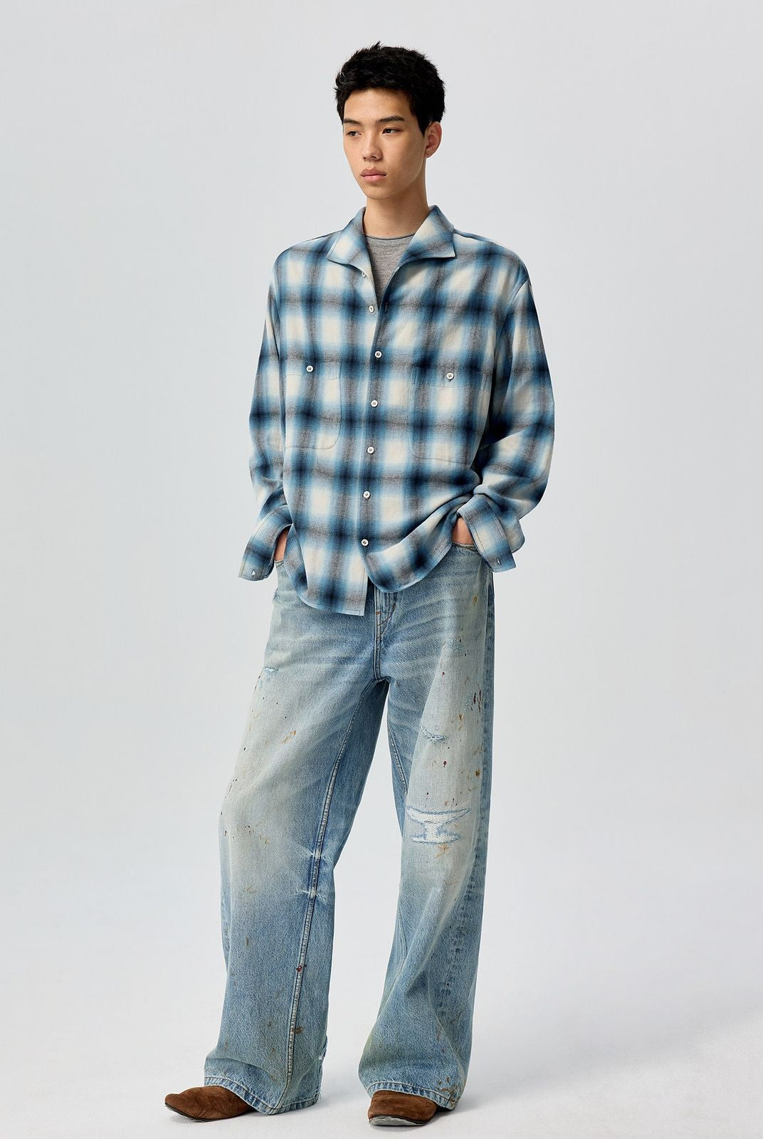 Simple Project Ombr Check Flannel Shirt in Sky Blue - On Male Model