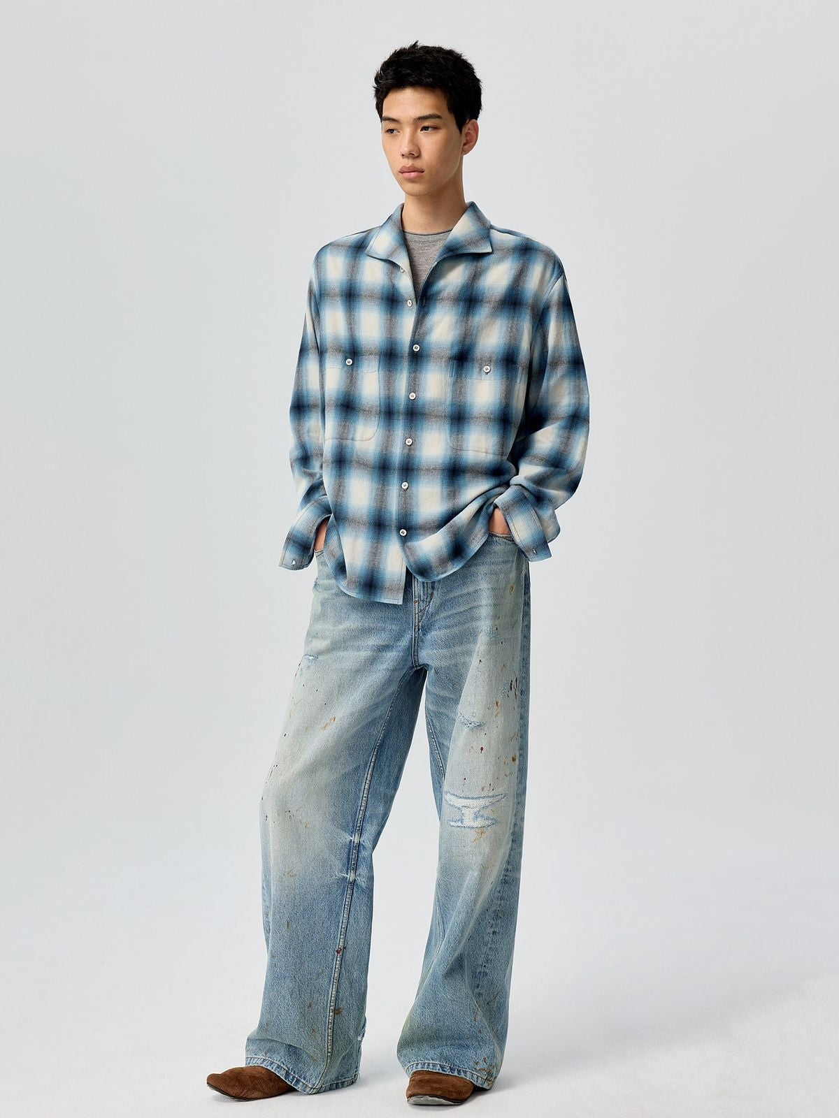 Simple Project Ombr Check Flannel Shirt in Sky Blue - On Male Model