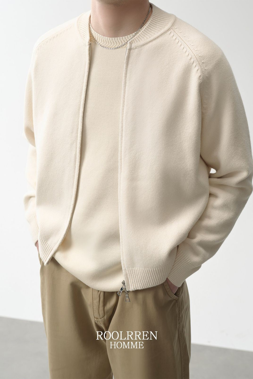 Roolrren Homme Cashmere Wool Cotton Zip Cardigan in White - On Model