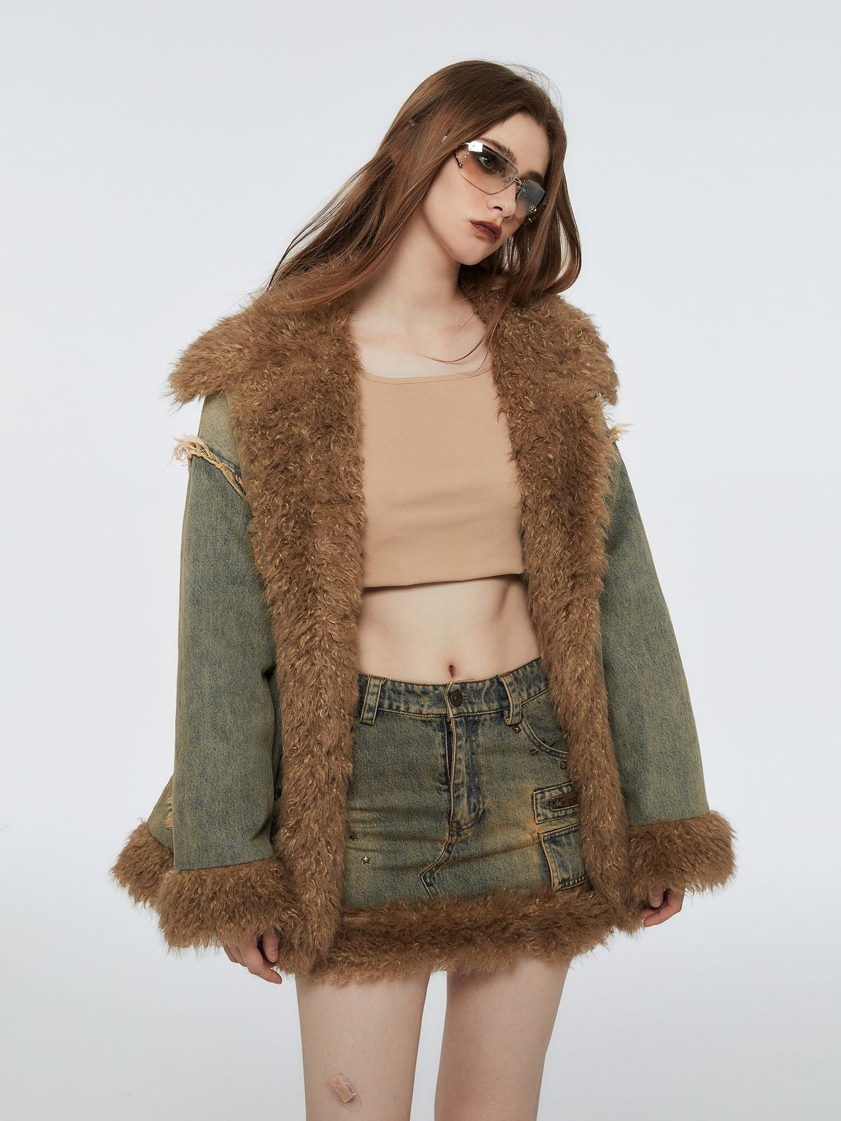 Amee Faux Fur Patchwork Denim Jacket in Denim - On Model