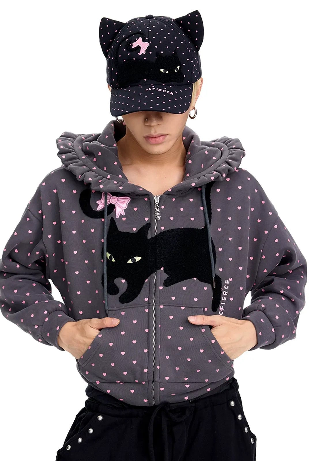 CFIERCE Embroidered Cat Ear Baseball Cap in Gray - On Model