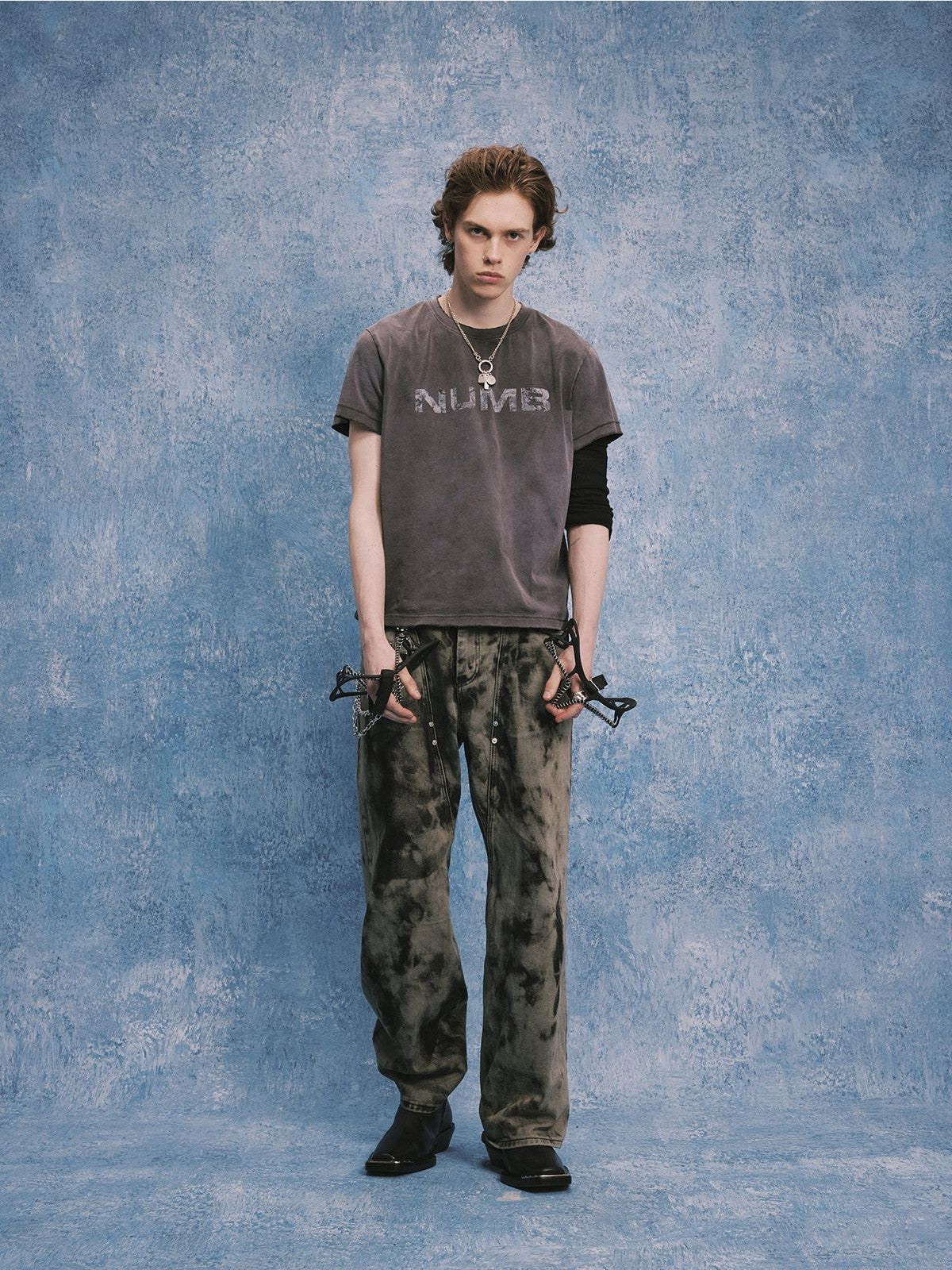 SOD Distressed Washed NUMB T Shirt in Purple - On Model