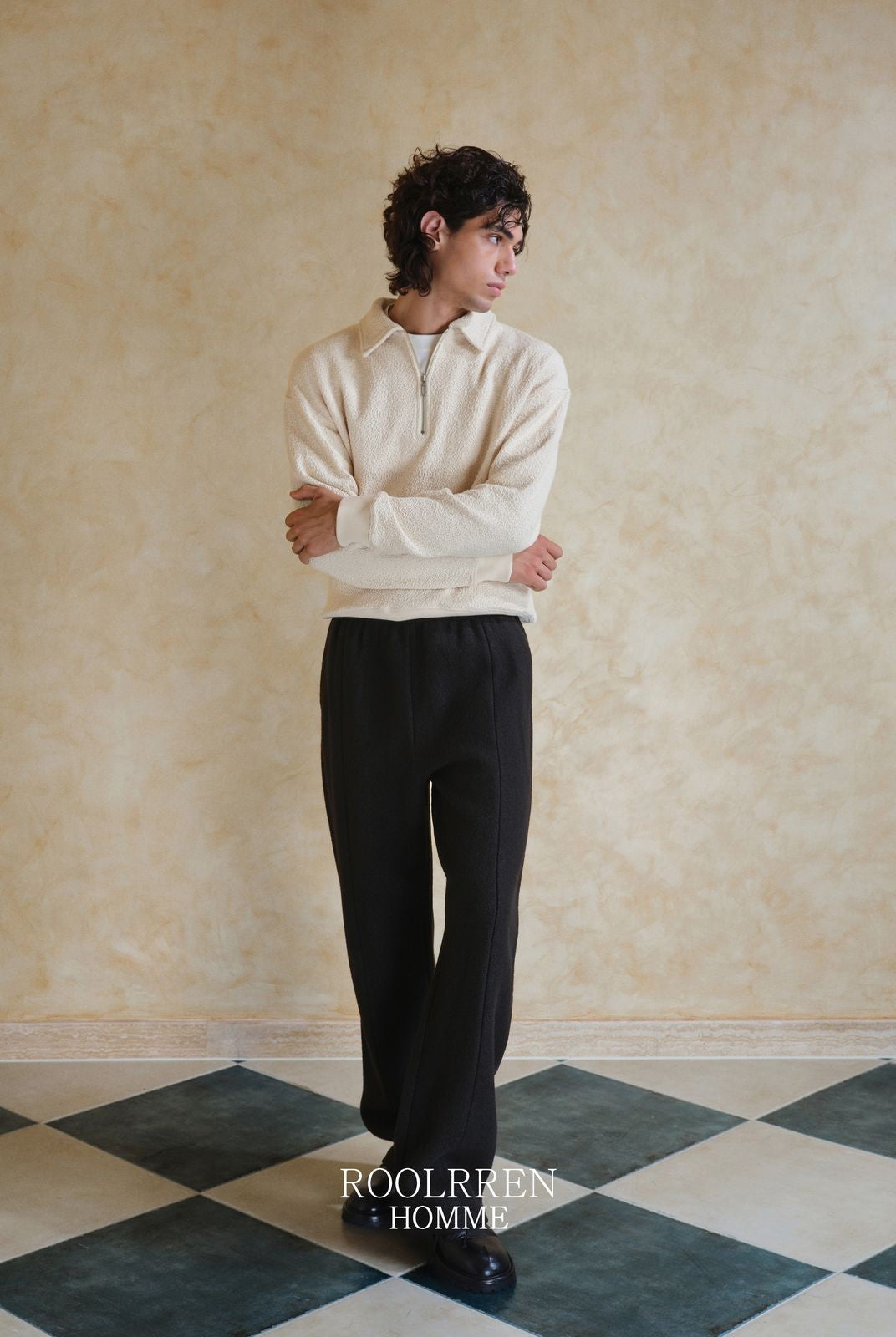 Roolrren Homme Textured Wool Drawstring Trousers in Black - On Model