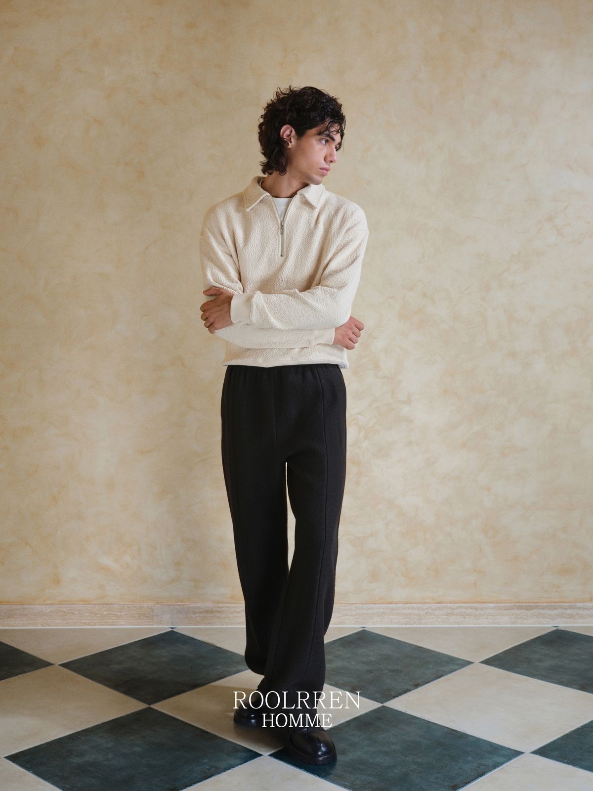 Roolrren Homme Textured Wool Drawstring Trousers in Black - On Model