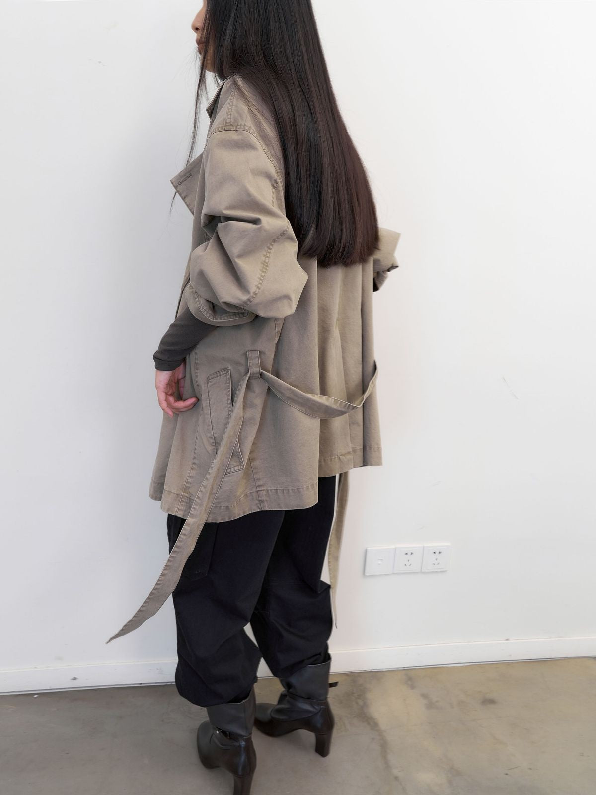 NeverSeez Washed Layered Collar Short Trench in Khaki - On Female Model