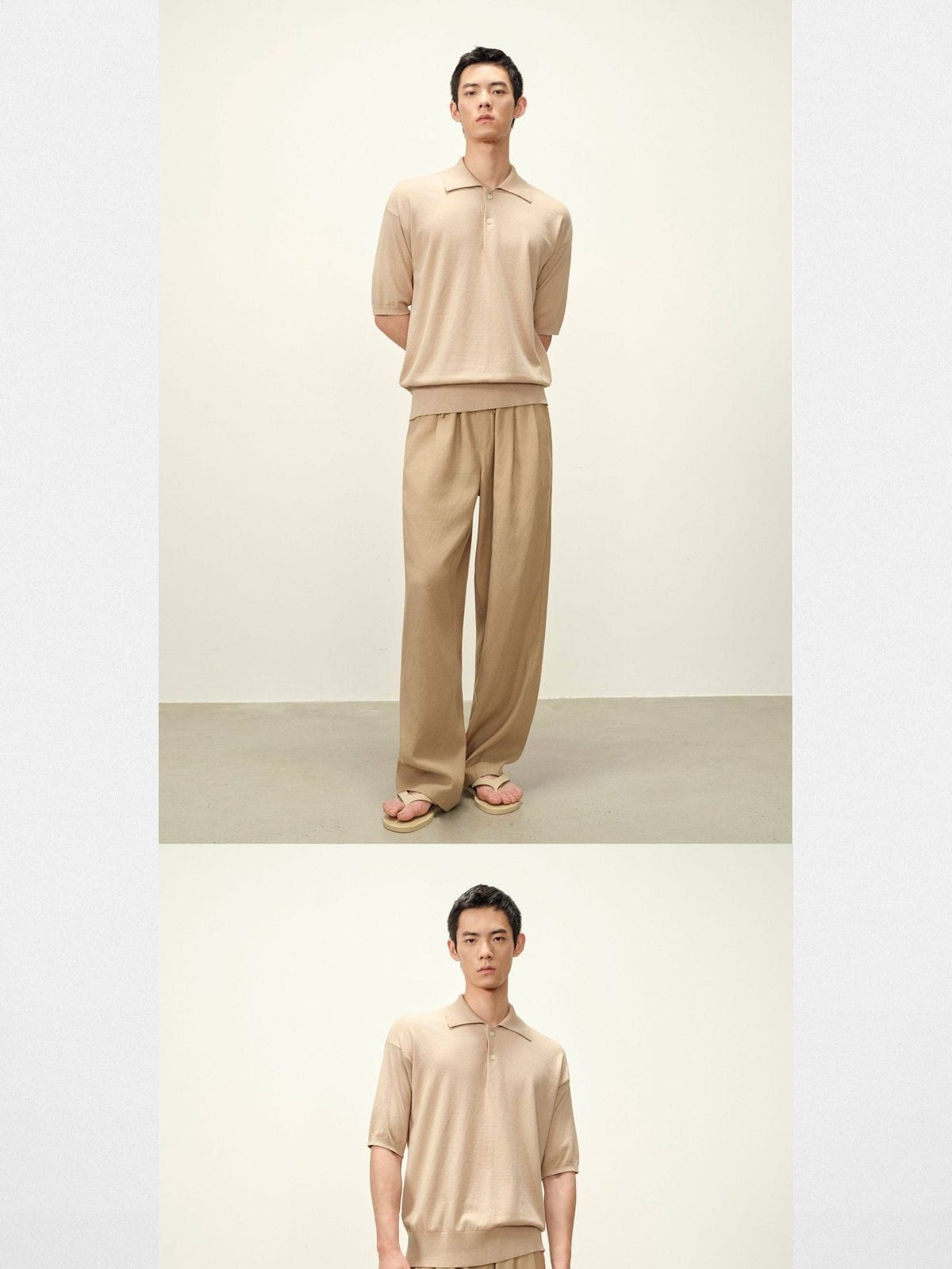 Roya Cashmere Blend Knit Polo in Beige - On Model