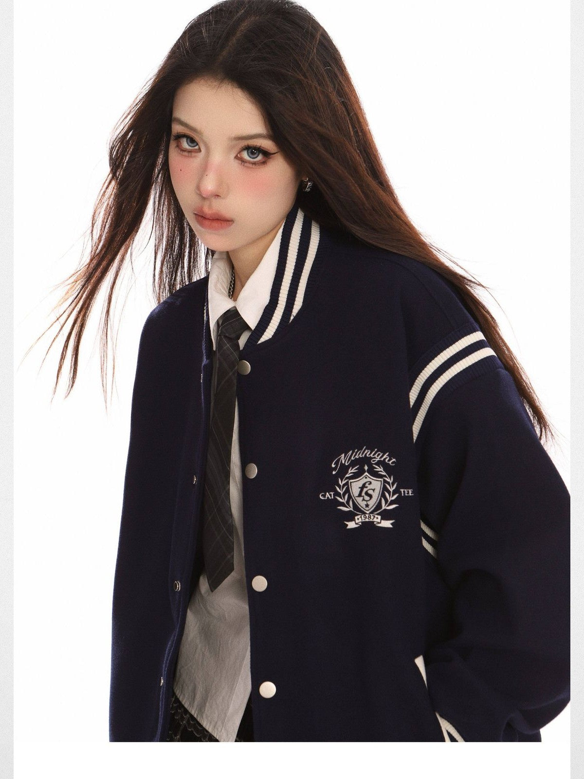 BIGGOLD STUDIO Retro Stand Collar Varsity Jacket in Navy Blue - On Model #color_navy-blue