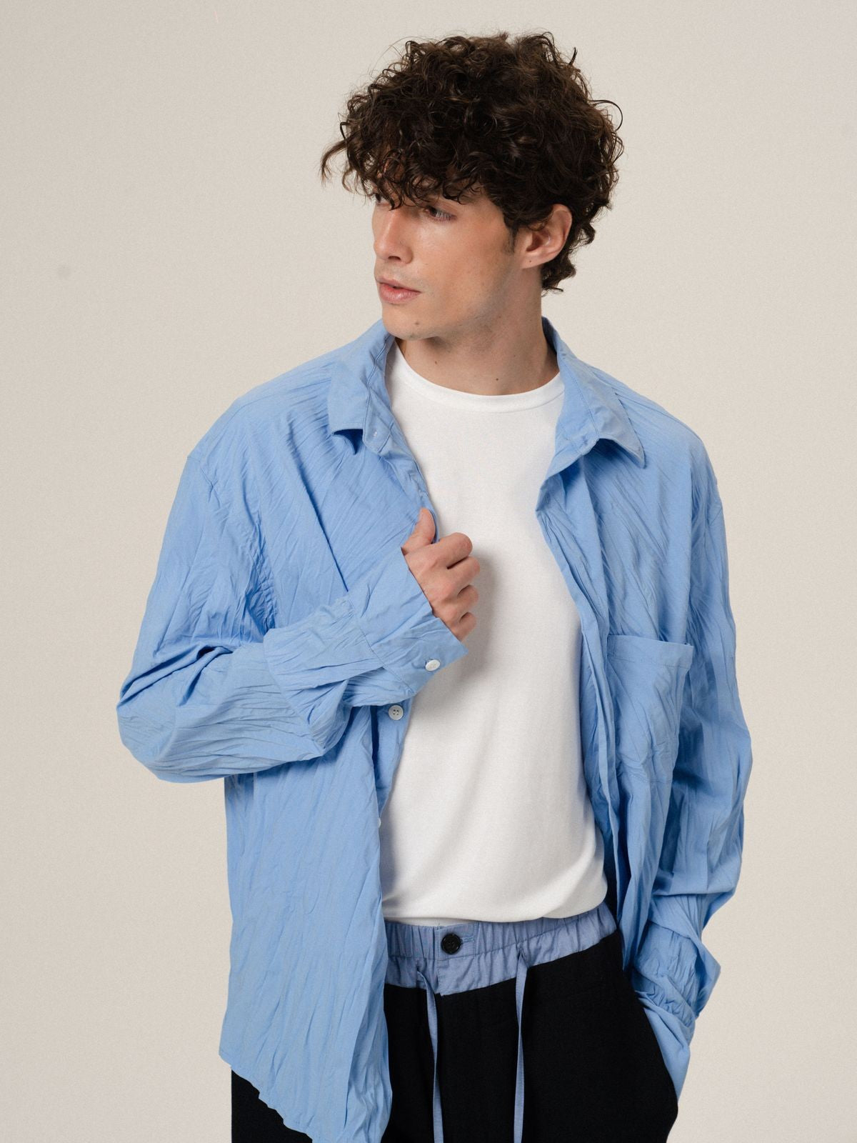 Retro 21 Pleated Bamboo Rayon Shirt in Blue - On Model