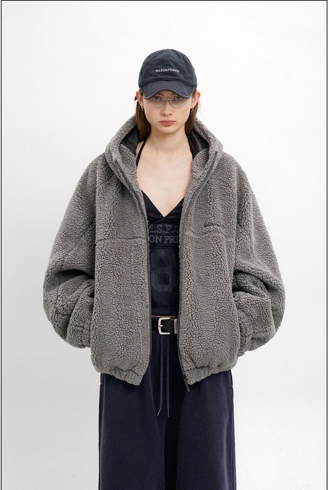 MasonPrince Contrast Logo Fleece Hooded Jacket in Gray - On Model