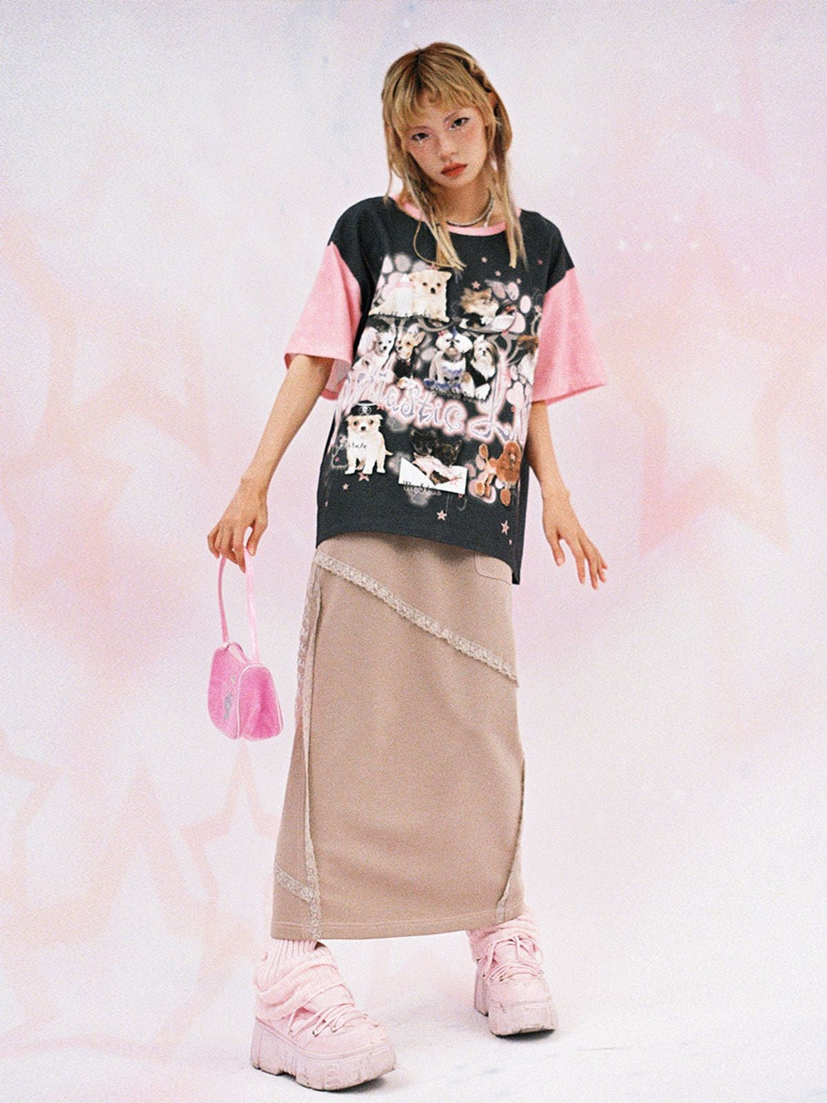 CFIERCE Dog Graphic Contrast Oversized Tee in Gray - On Model