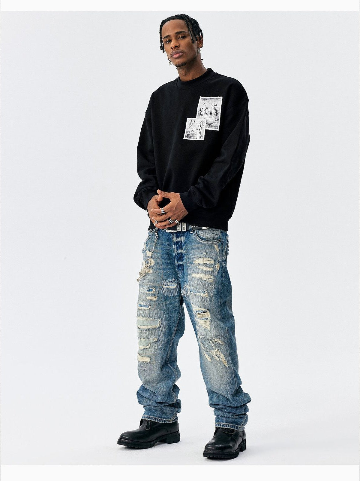 MEDM Angel Appliqu Fleece Sweatshirt in Black - On Male Model